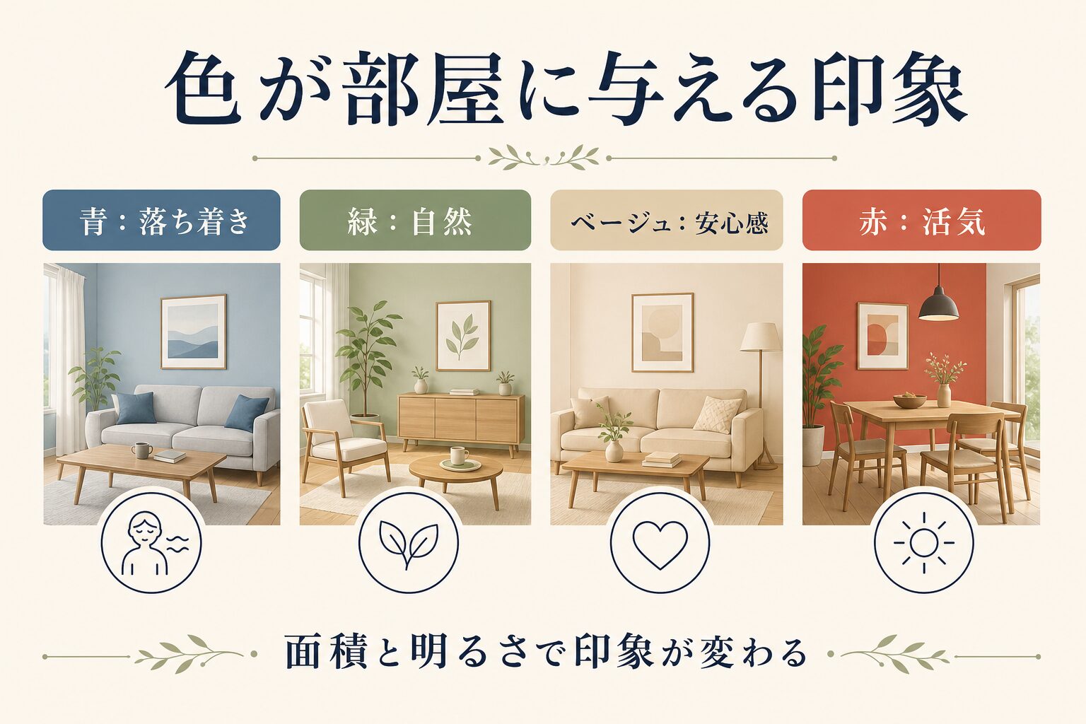 青・緑・ベージュ・赤が部屋に与える印象の比較図