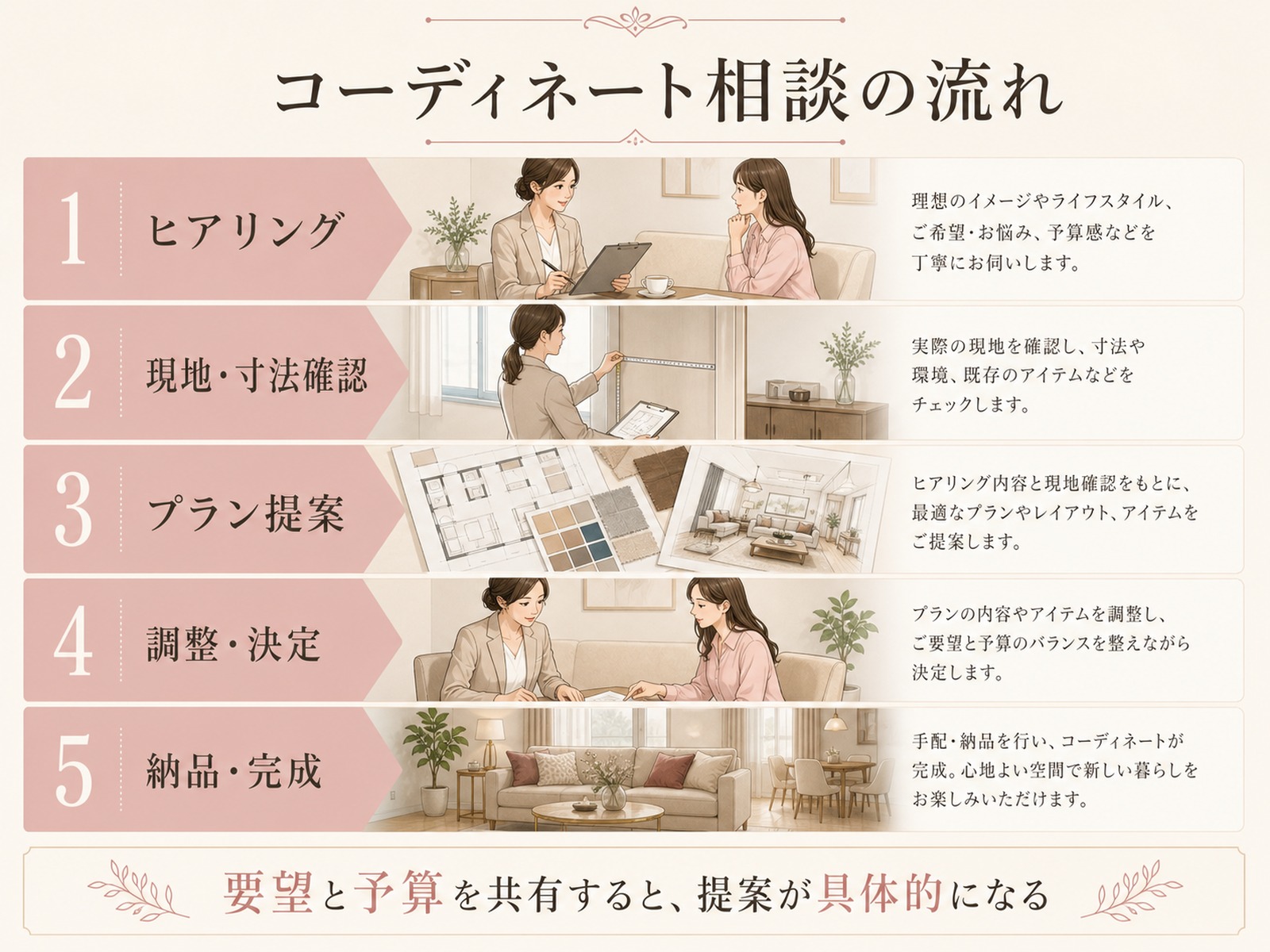 インテリアコーディネート相談の流れを示した図解