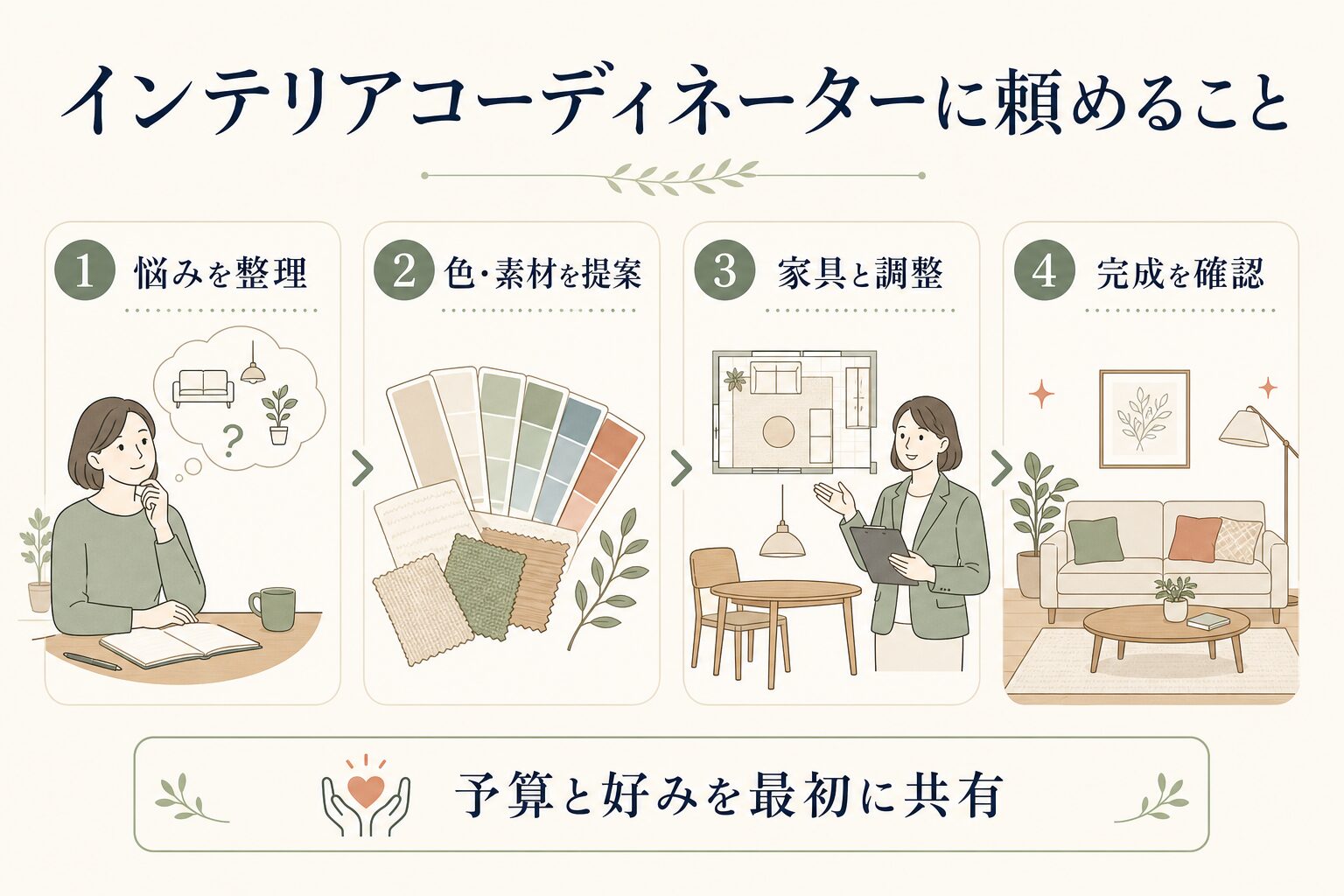 インテリアコーディネーターに相談できる内容を示す図解