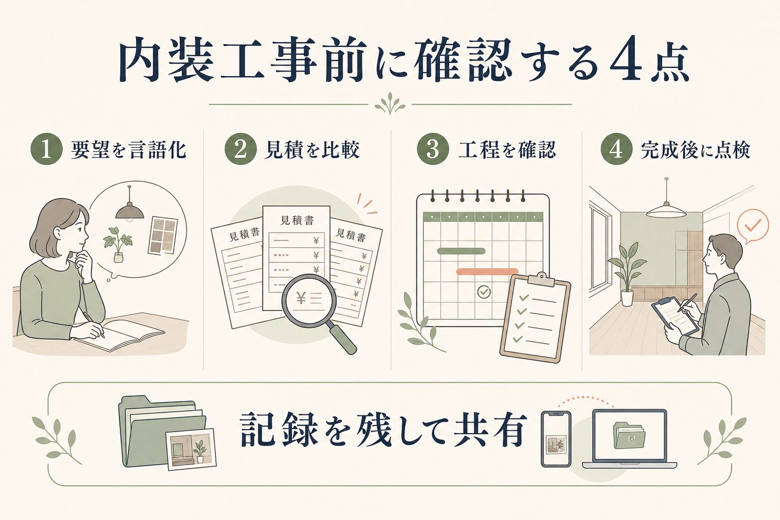 内装工事を依頼する前後に確認したい4つのポイントの図解