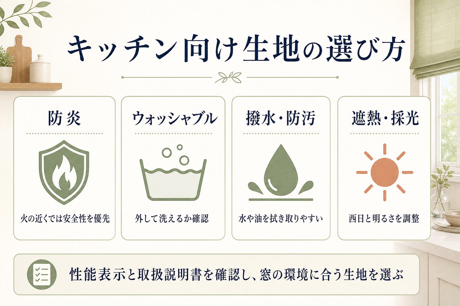 キッチン向けロールスクリーン生地の機能を比較する図解