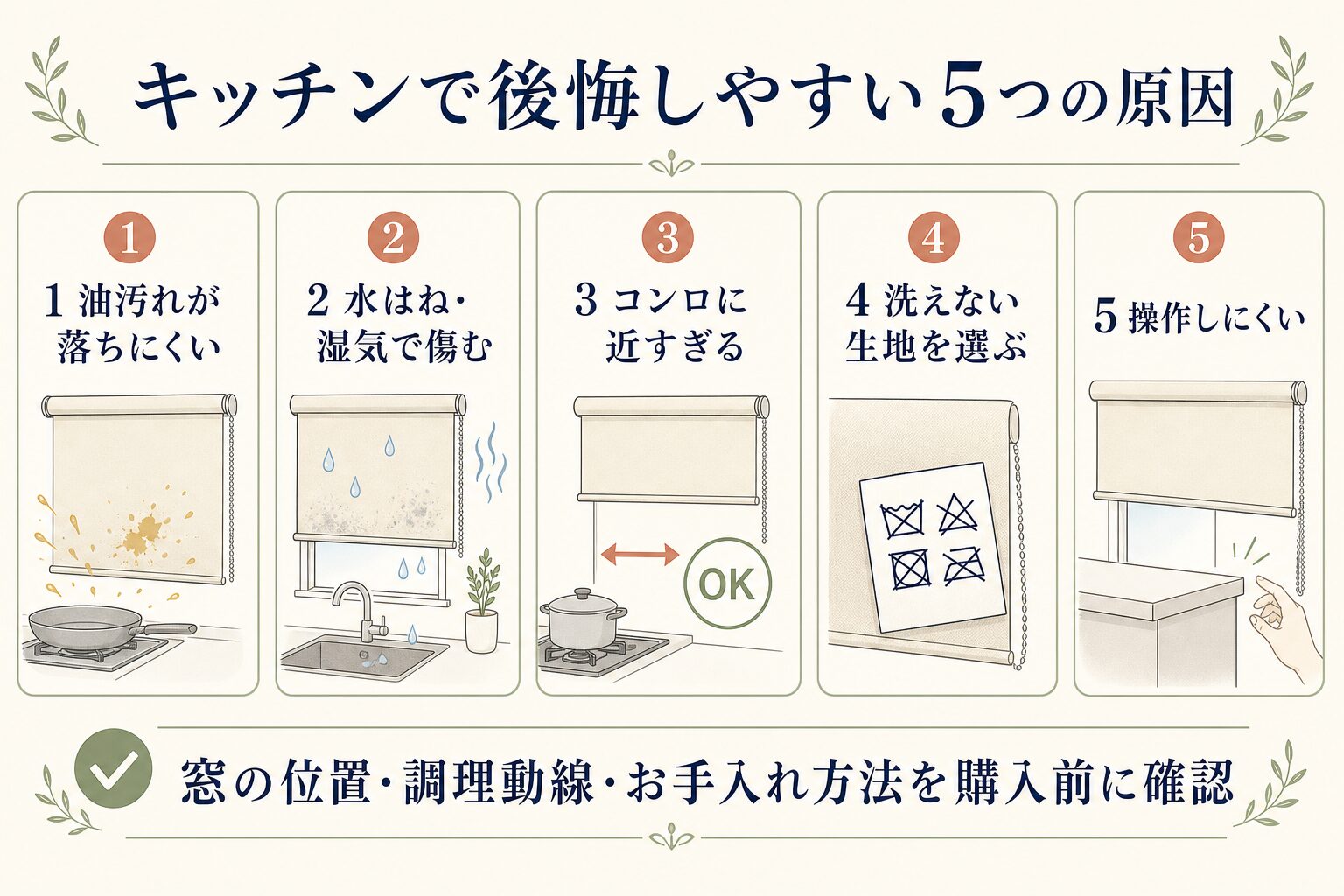 キッチンでロールスクリーンを使って後悔しやすい5つの原因の図解