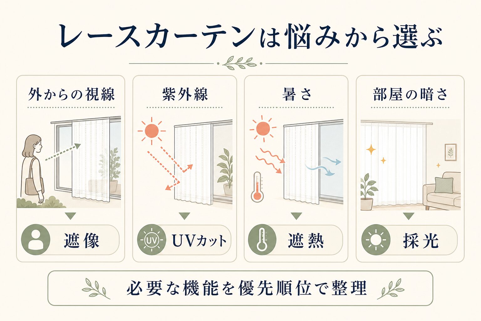 レースカーテンを視線・紫外線・暑さ・部屋の暗さから選ぶ図解