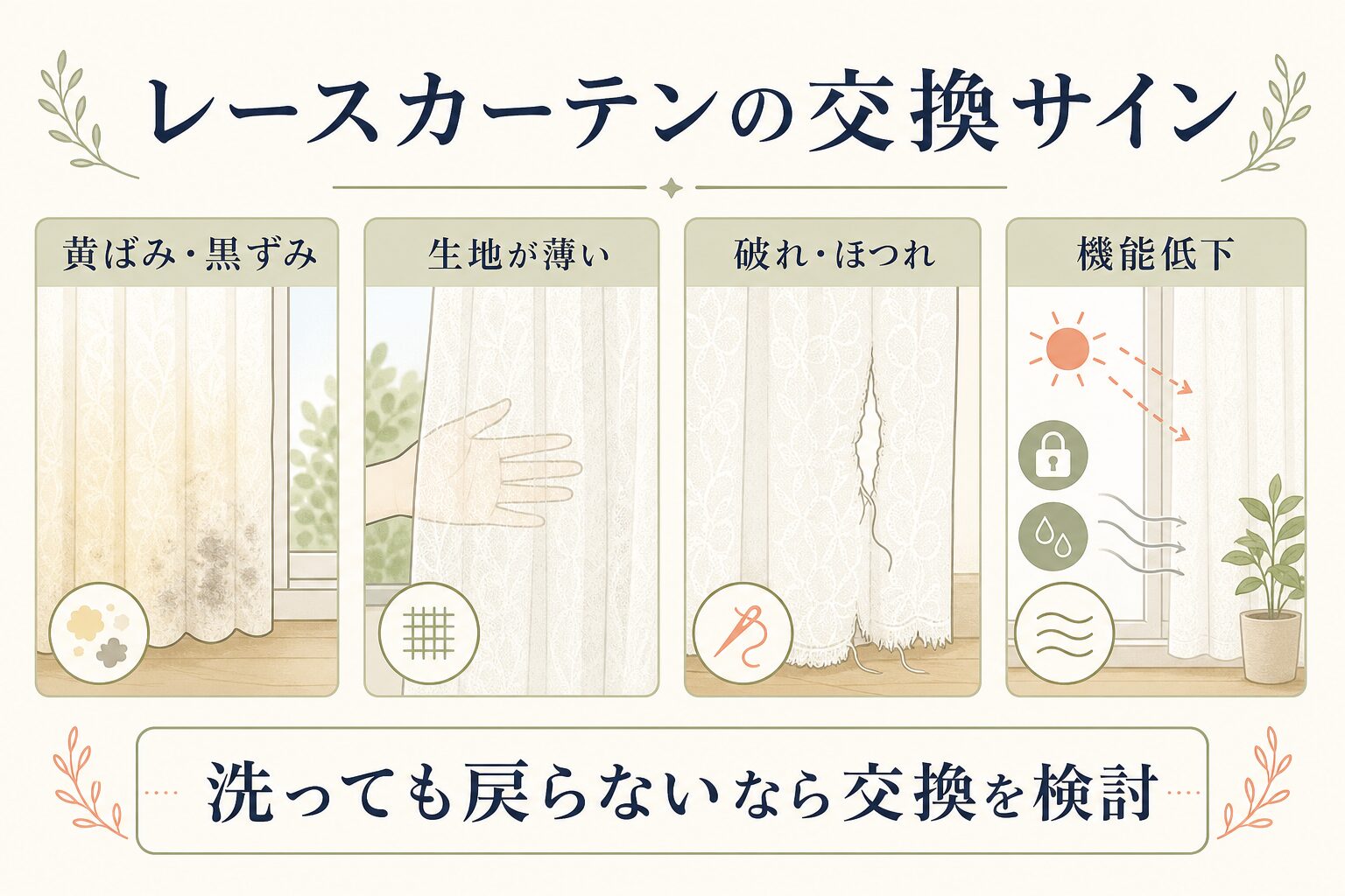レースカーテンの交換時期を判断する4つのサインの図解