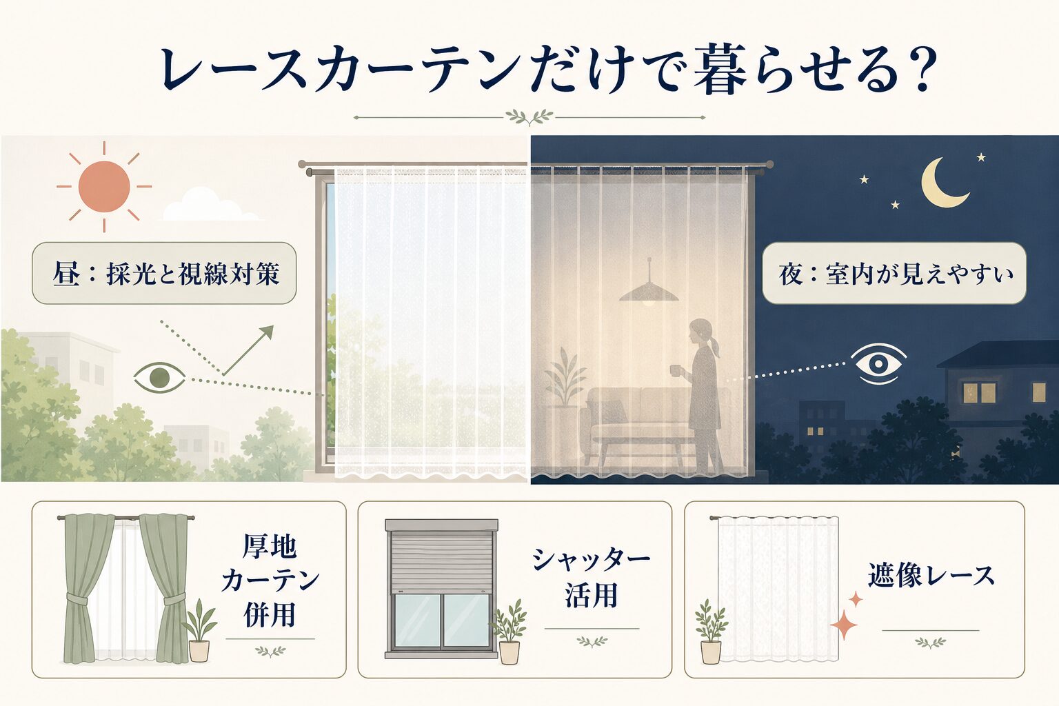 レースカーテンだけで暮らす場合の昼と夜の見え方の図解