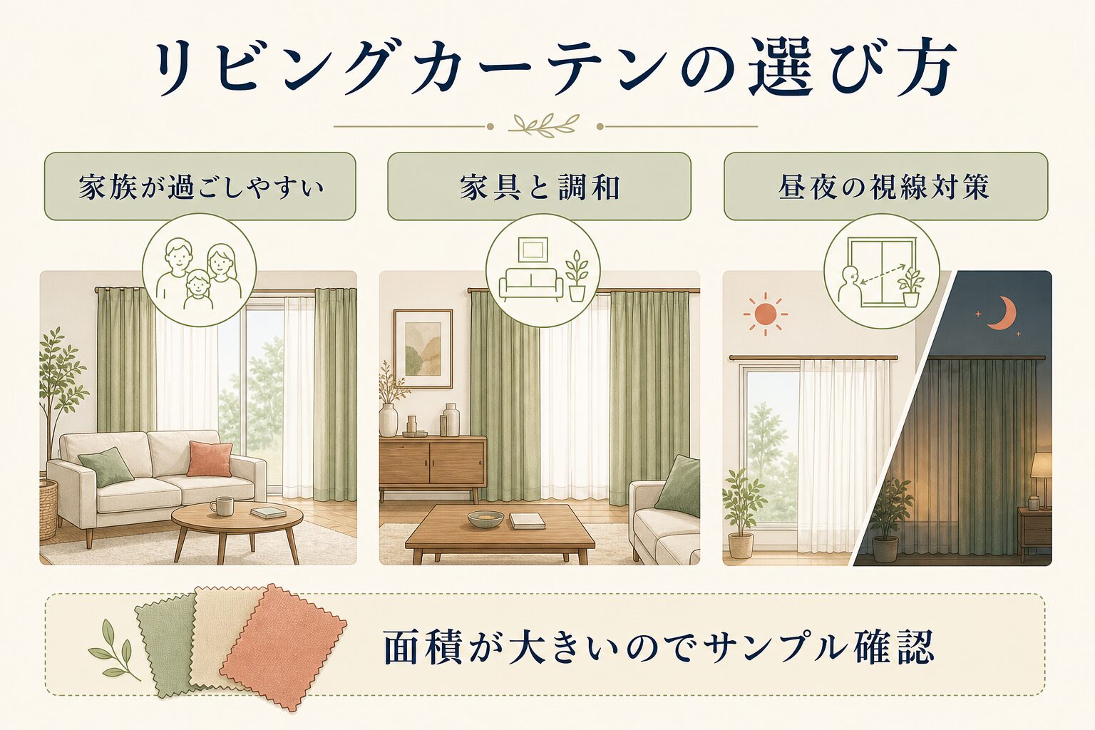 リビングカーテンを暮らし・家具・視線対策から選ぶ図解