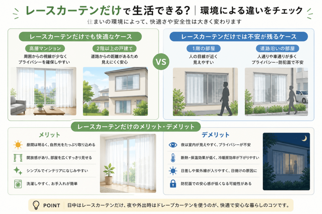 レースカーテンだけで生活できる住宅環境とメリット・デメリットを比較した図解
