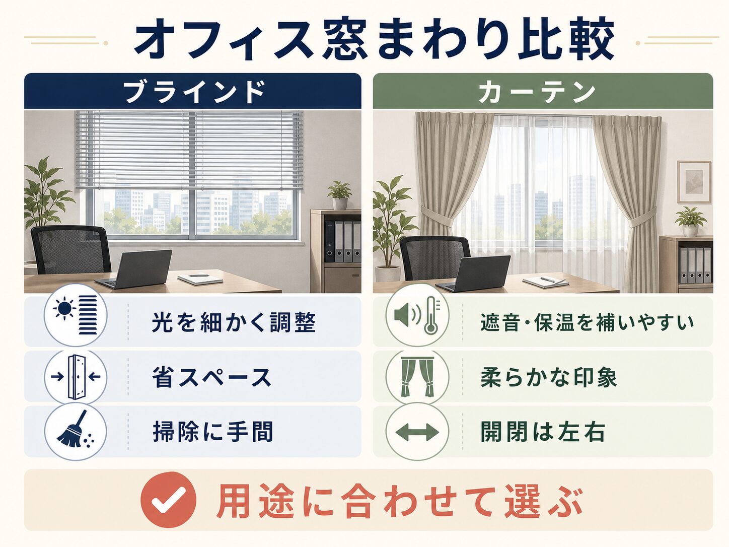 オフィスのブラインドとカーテンの違いを比較する図解