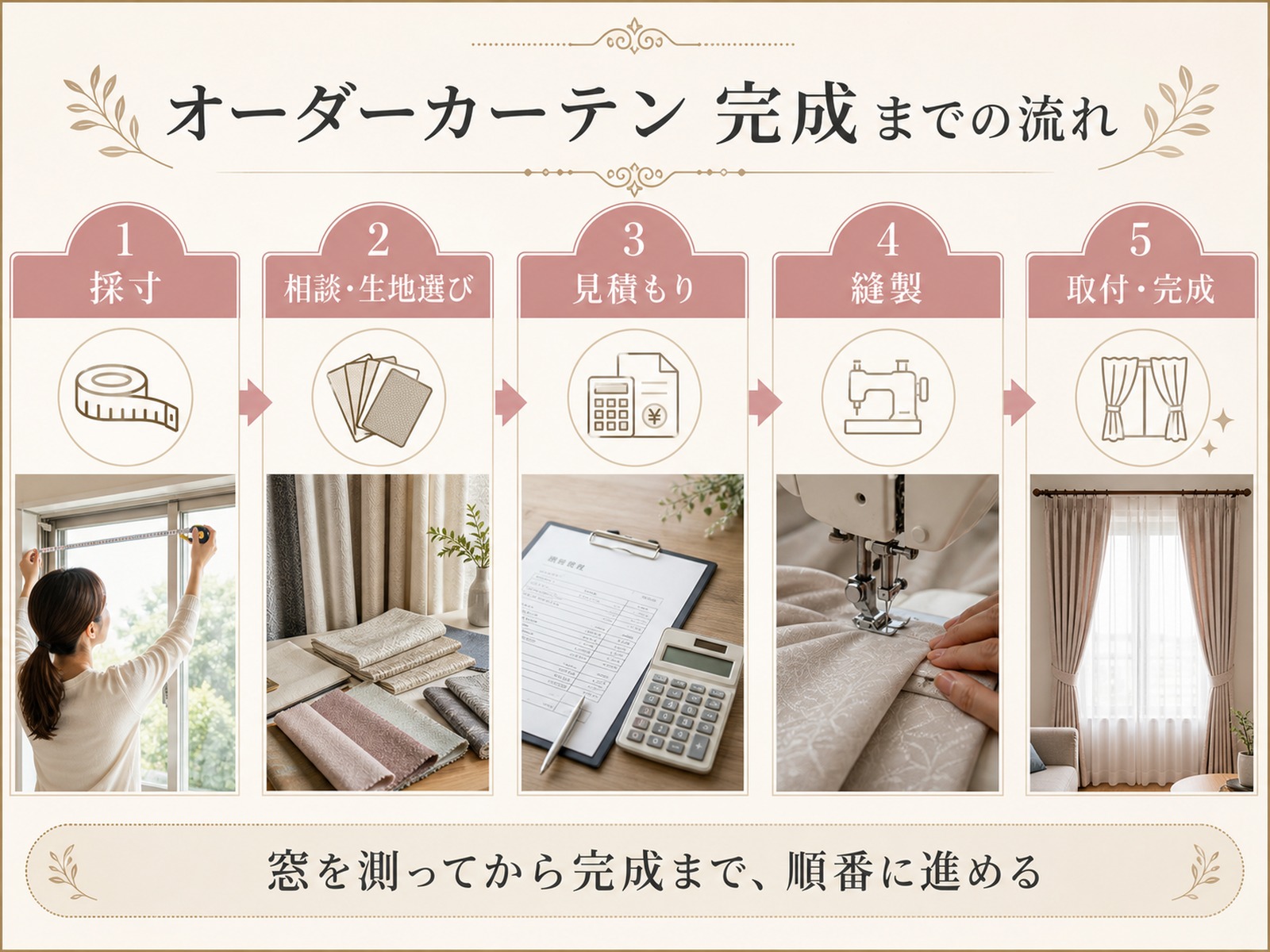 オーダーカーテンの採寸から取付までの流れを示した図解