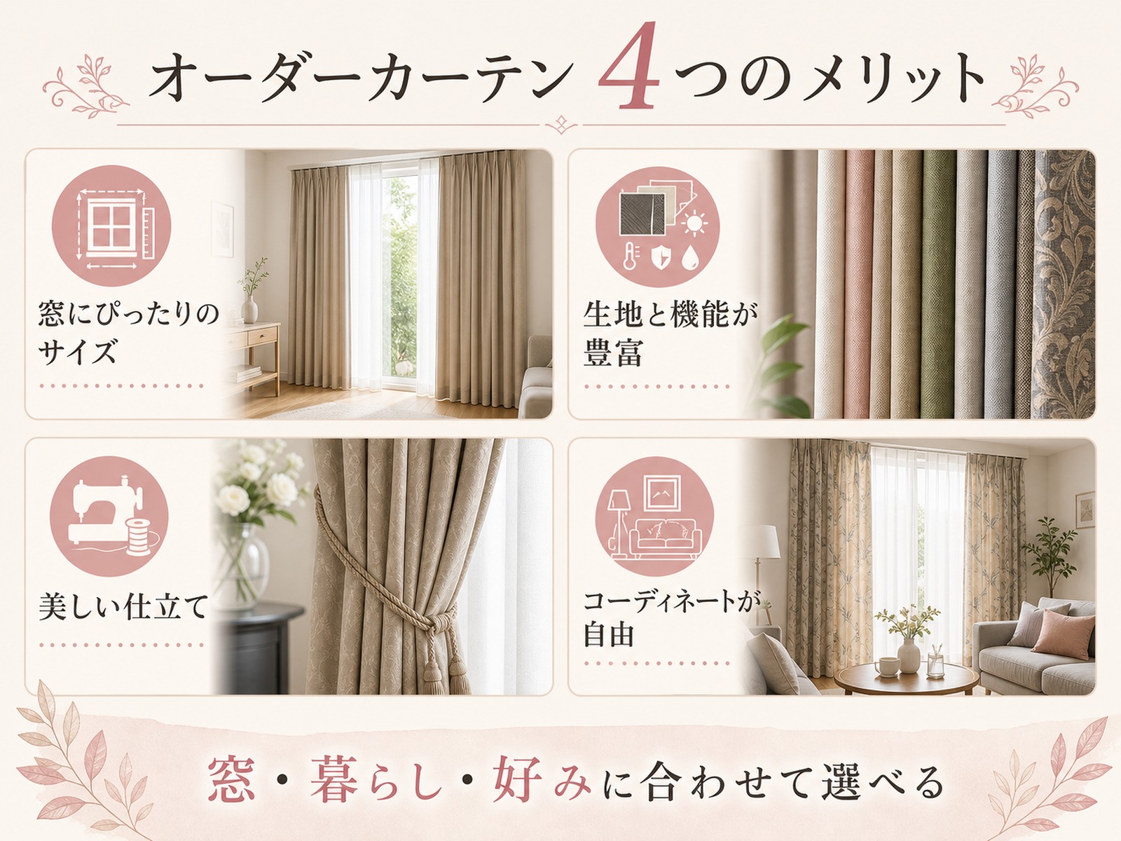 オーダーカーテンの4つのメリットをまとめた図解