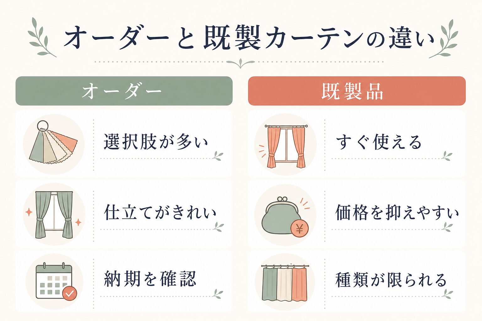 オーダーカーテンと既製カーテンの違いを比較した図解