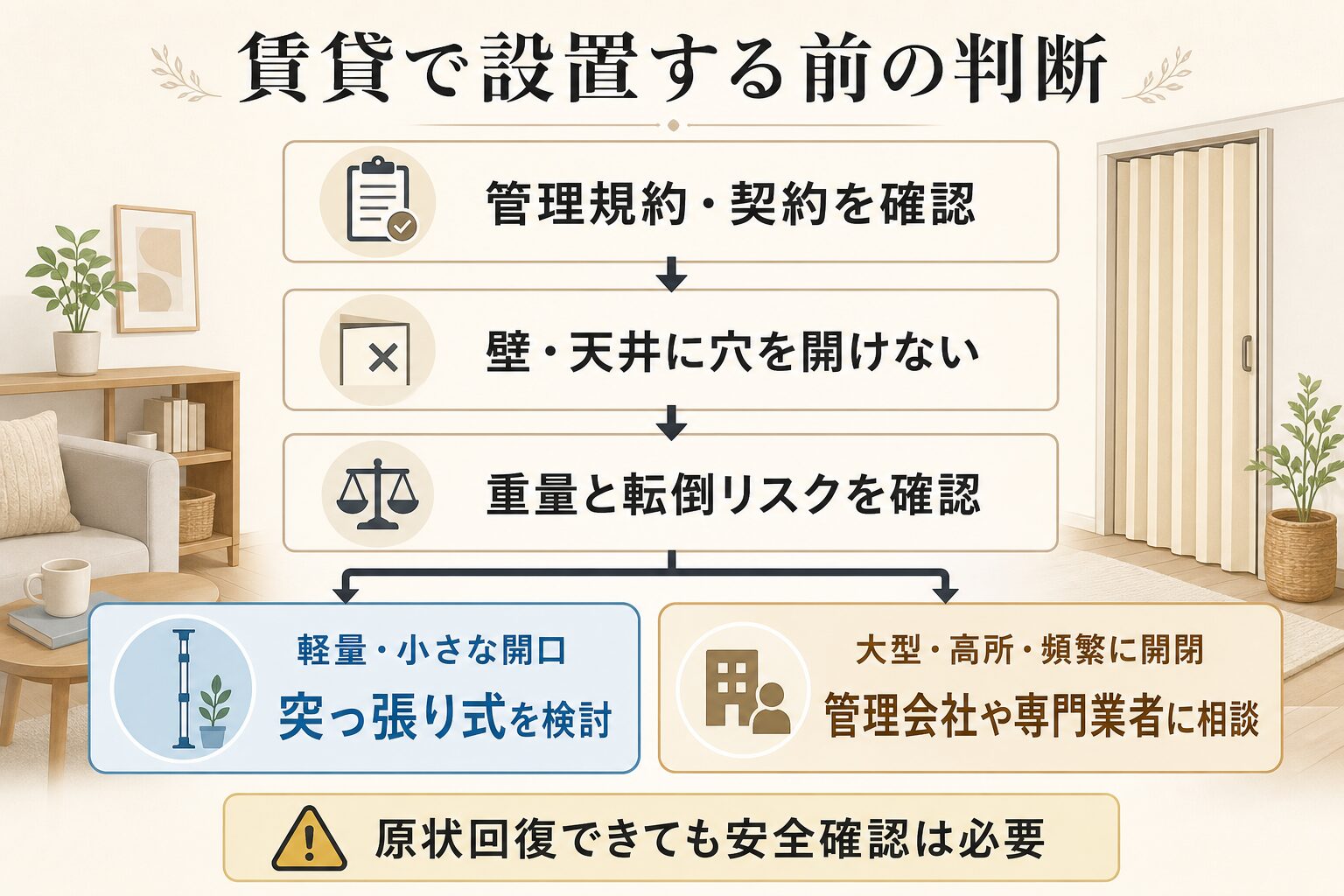 賃貸でアコーディオンカーテンを設置する前の判断手順を示す図解