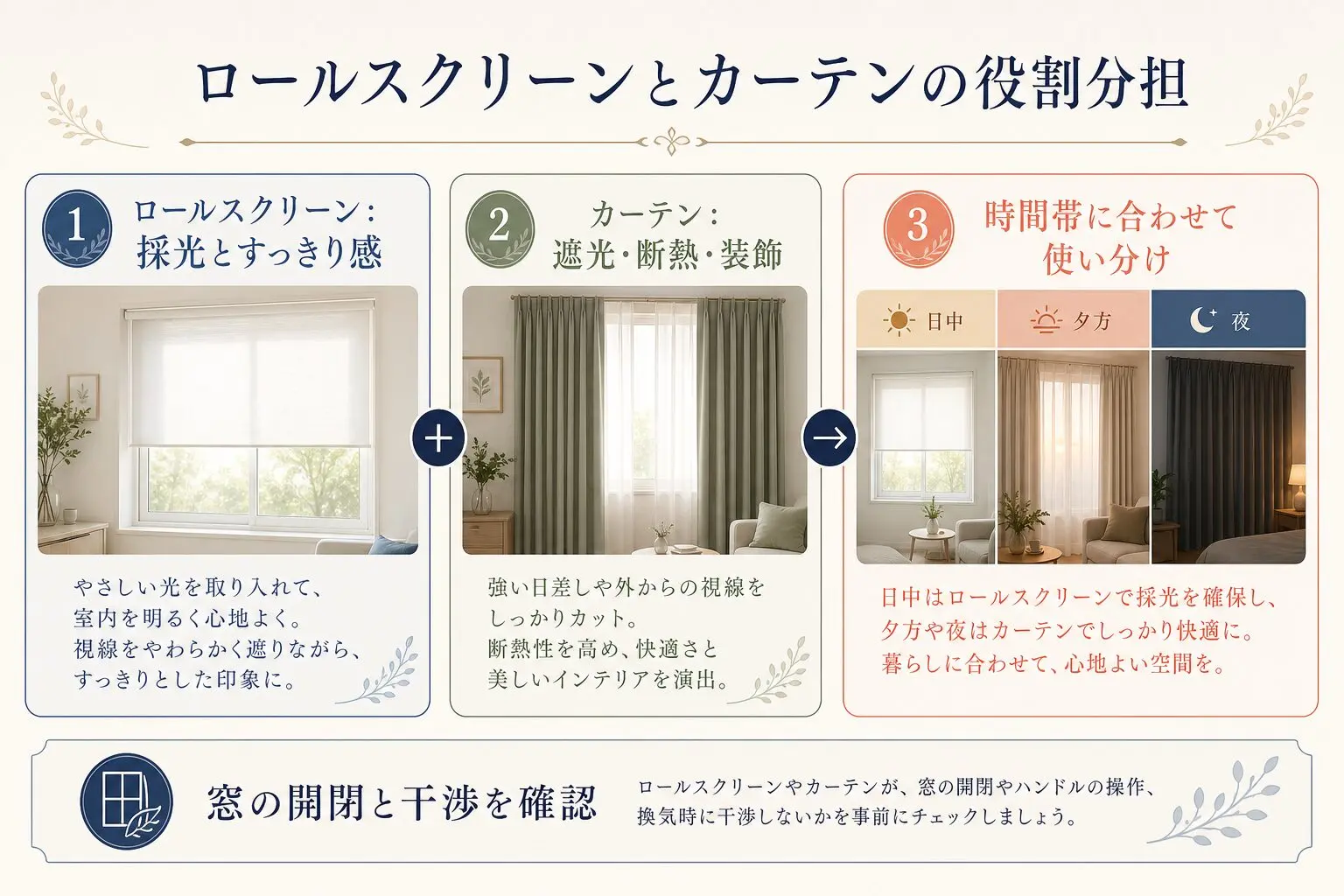 ロールスクリーンとカーテンの役割分担を示した図解