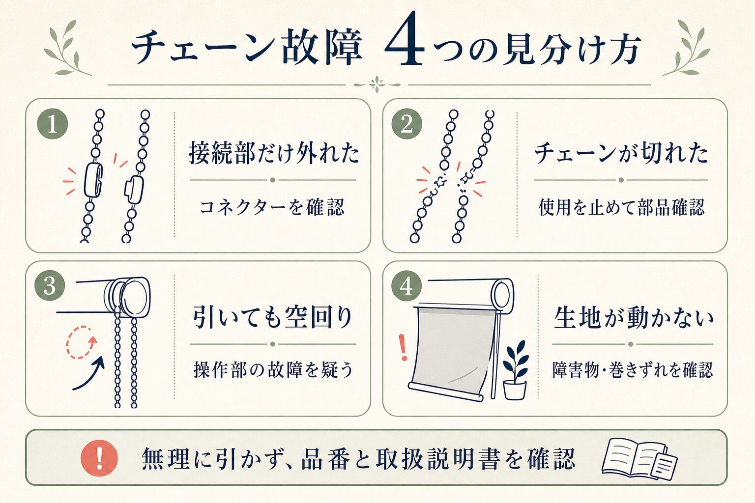 ロールスクリーンのチェーン故障4パターンの見分け方を示す図解