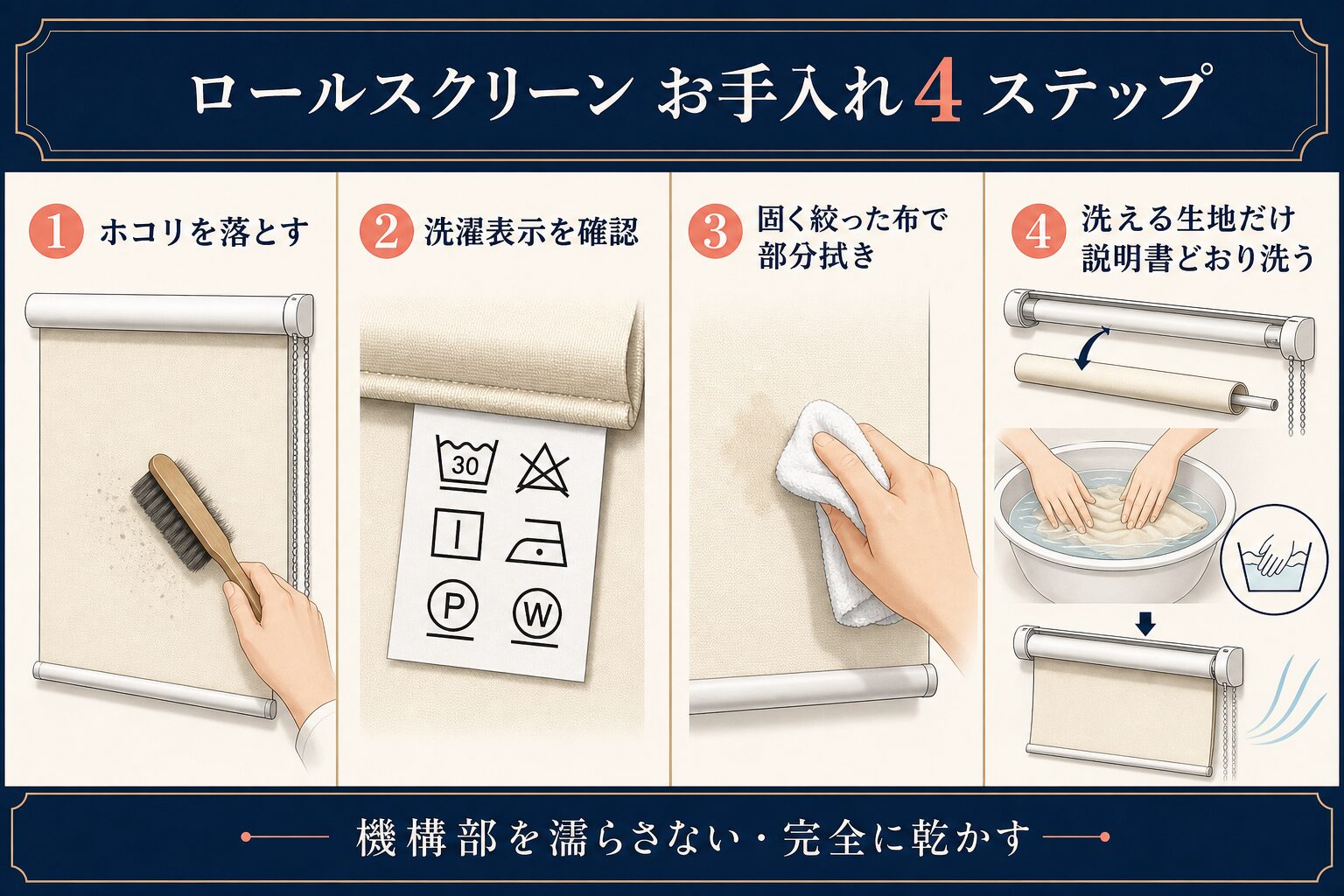 ロールスクリーンを傷めず手入れする4つの手順を示した図解