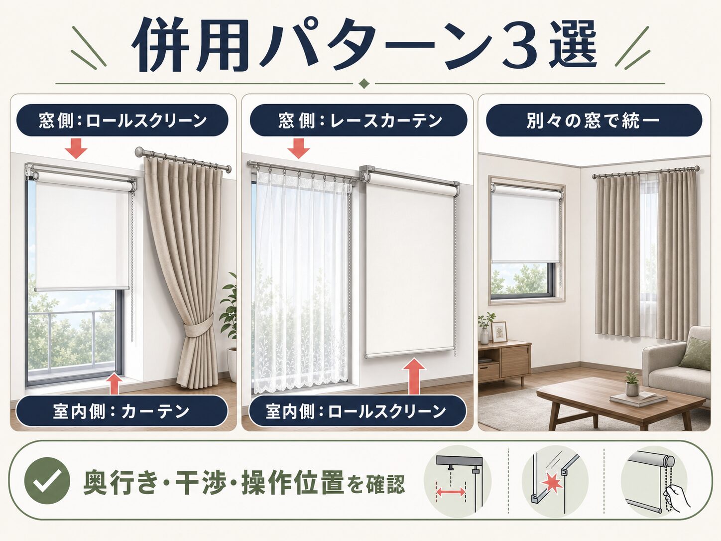 ロールスクリーンとカーテンを併用する3つの設置パターン図解