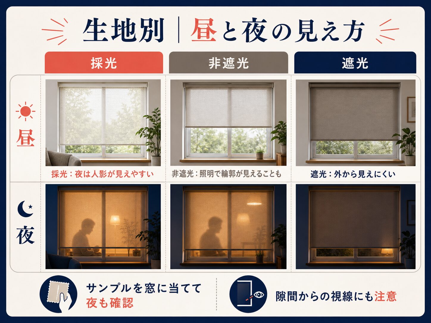 採光・非遮光・遮光ロールスクリーンの昼と夜の見え方を比較した図解