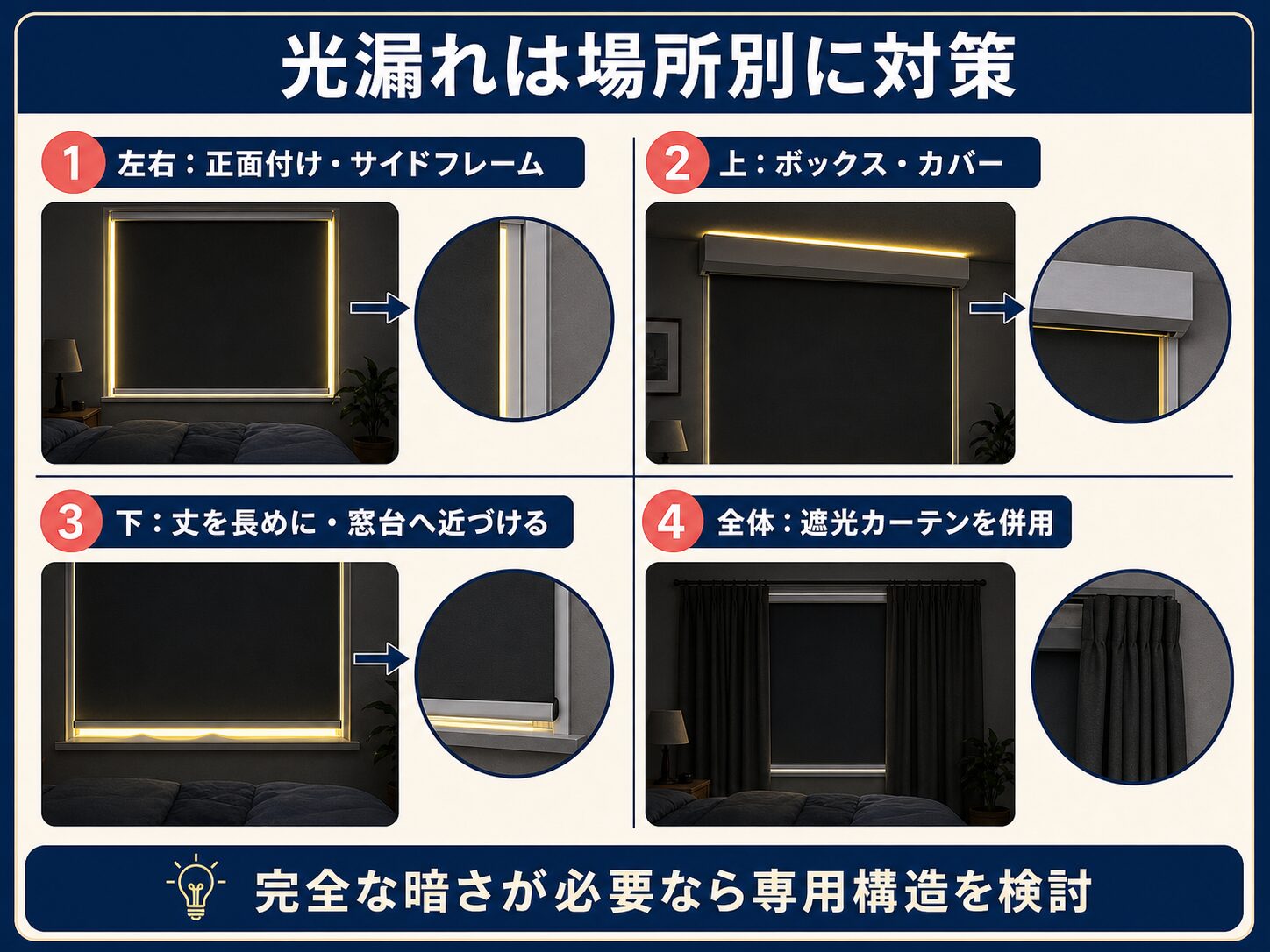 ロールスクリーンの光漏れを左右・上・下・全体に分けた対策図解