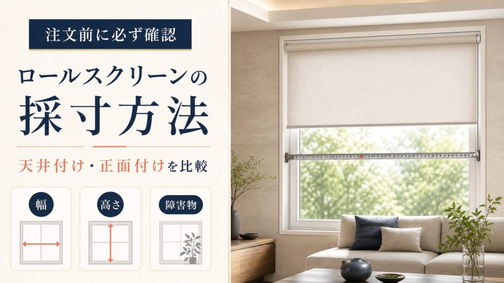 ロールスクリーンの天井付けと正面付けの採寸方法を解説するアイキャッチ画像