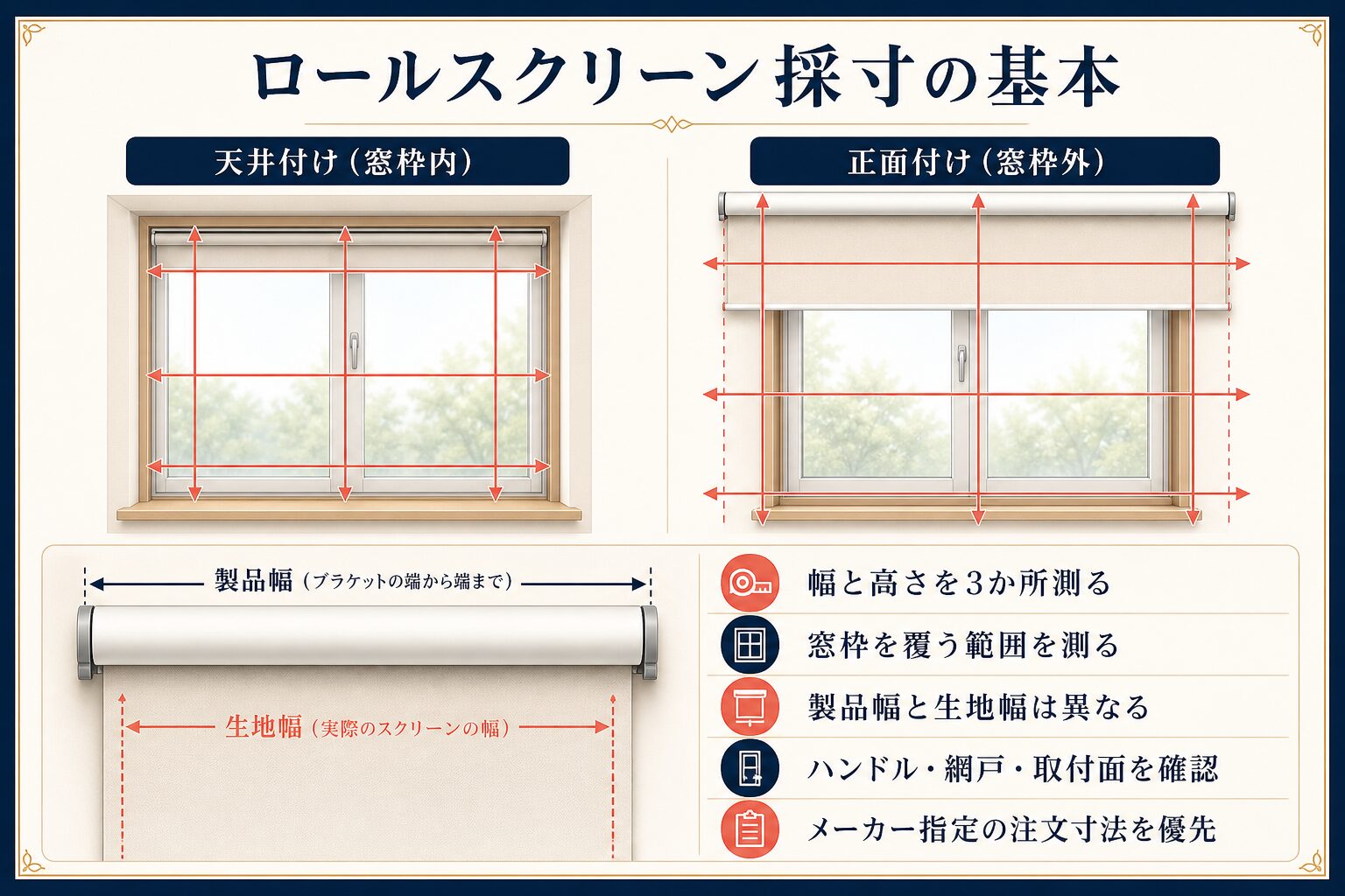 ロールスクリーンの天井付けと正面付けの採寸範囲を比較した図解