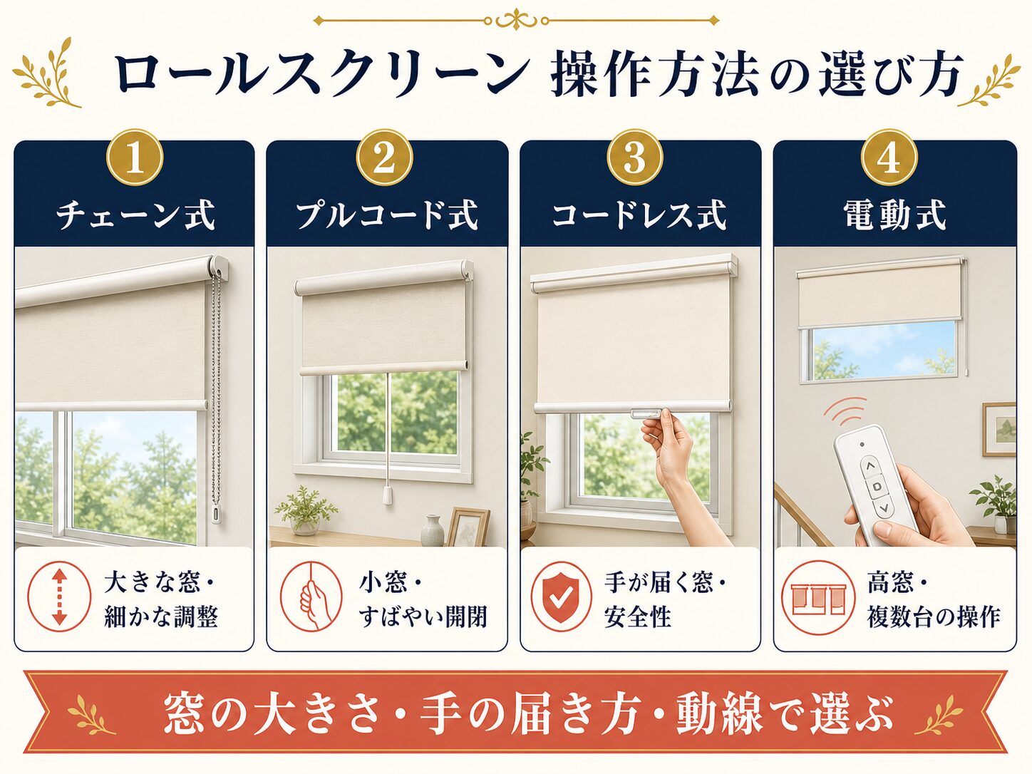 ロールスクリーン4種類の操作方法と向いている窓