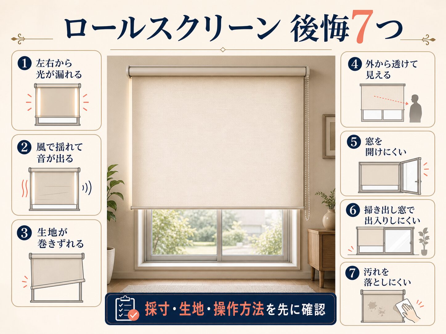 ロールスクリーンで後悔しやすい7つの原因をまとめた図解
