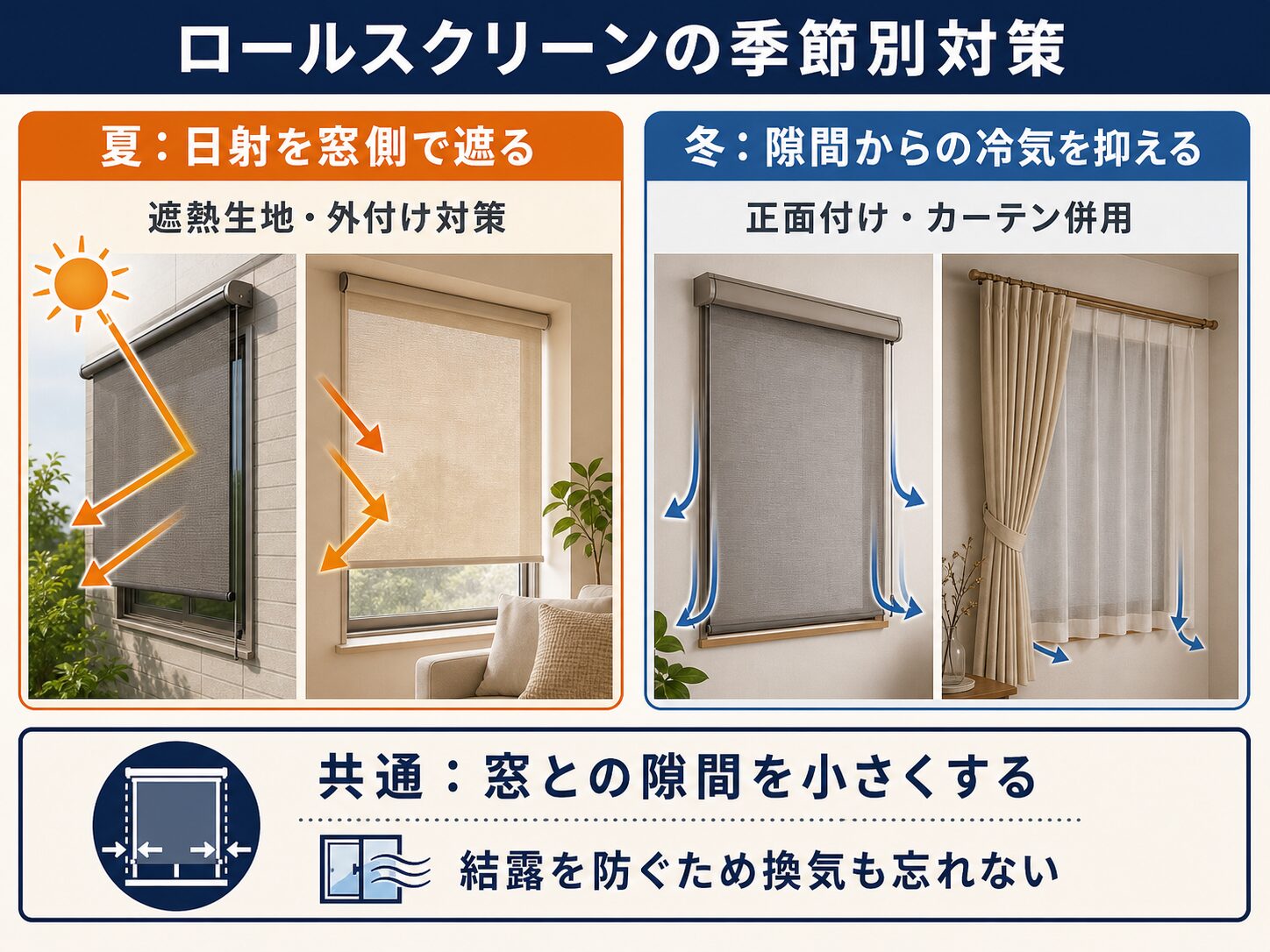 ロールスクリーンの夏と冬の断熱・遮熱対策を比較した図解