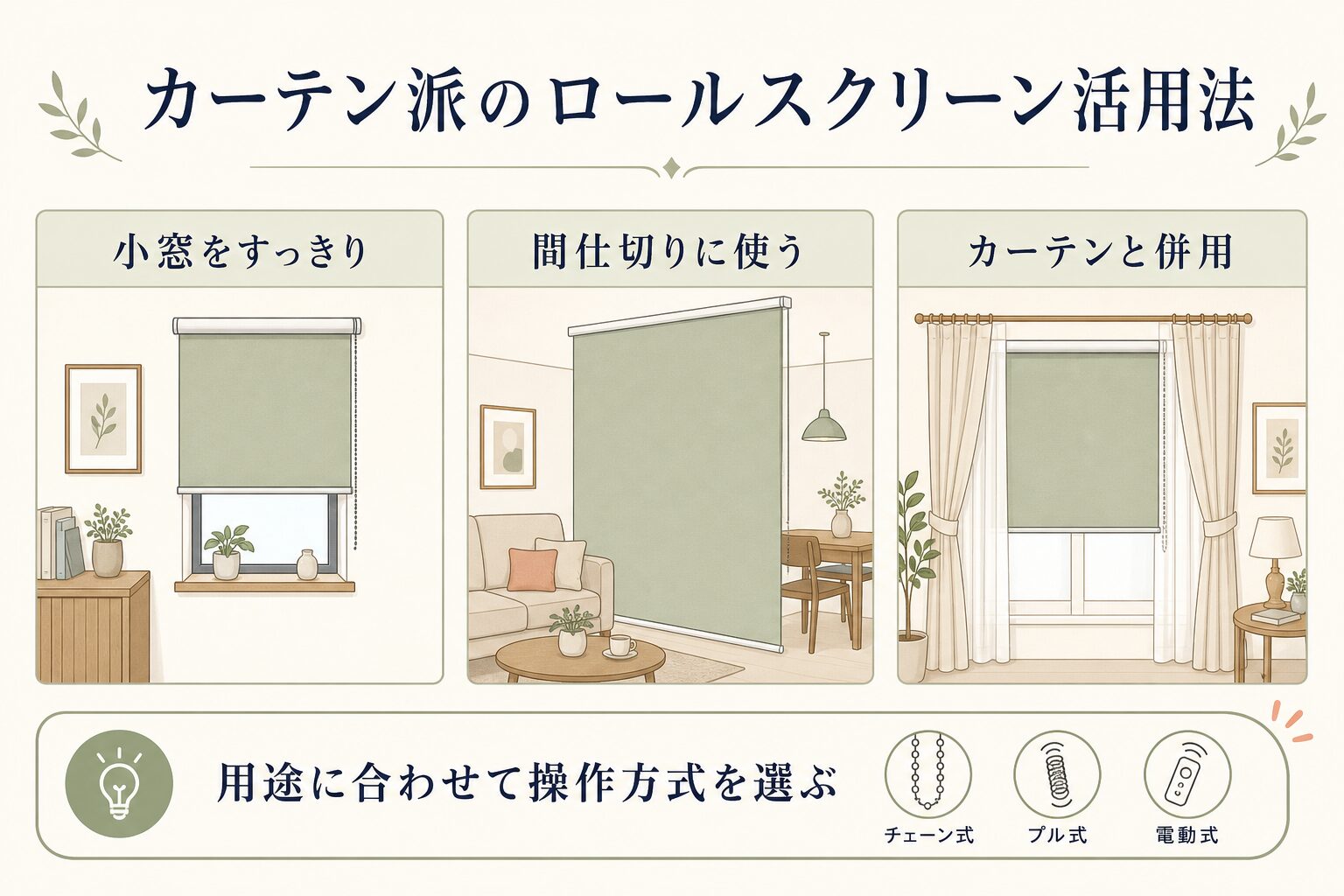 カーテン派におすすめのロールスクリーン活用法の図解