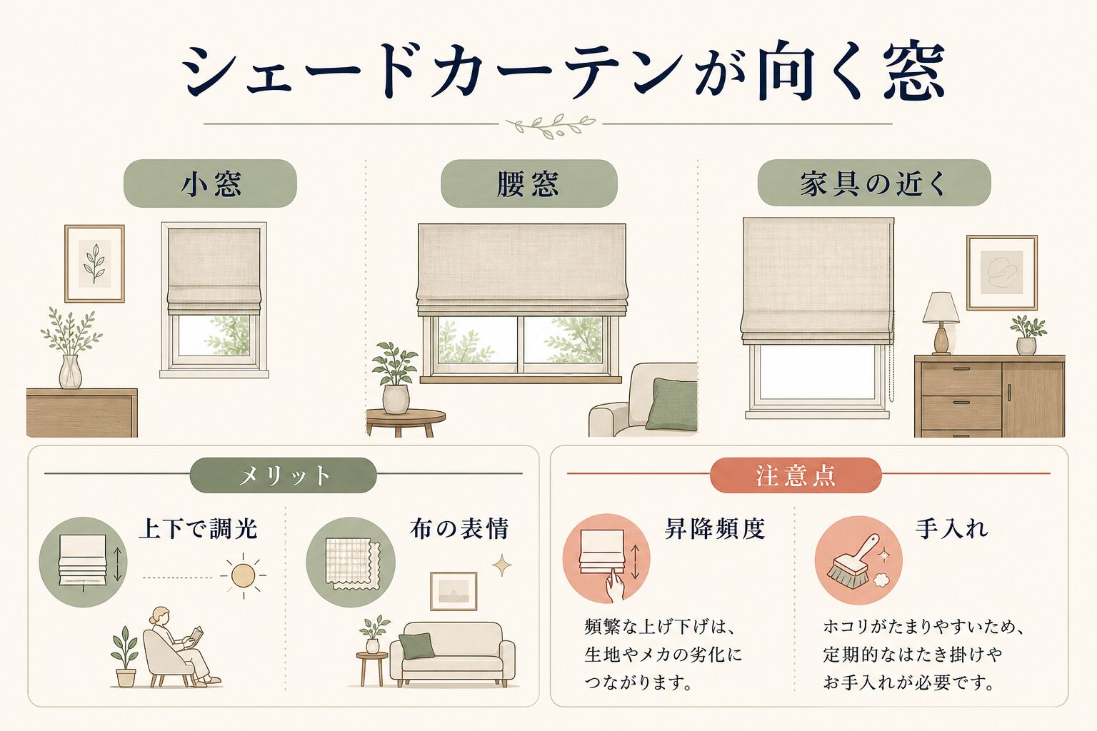 シェードカーテンが向く小窓・腰窓・家具近くの窓の図解
