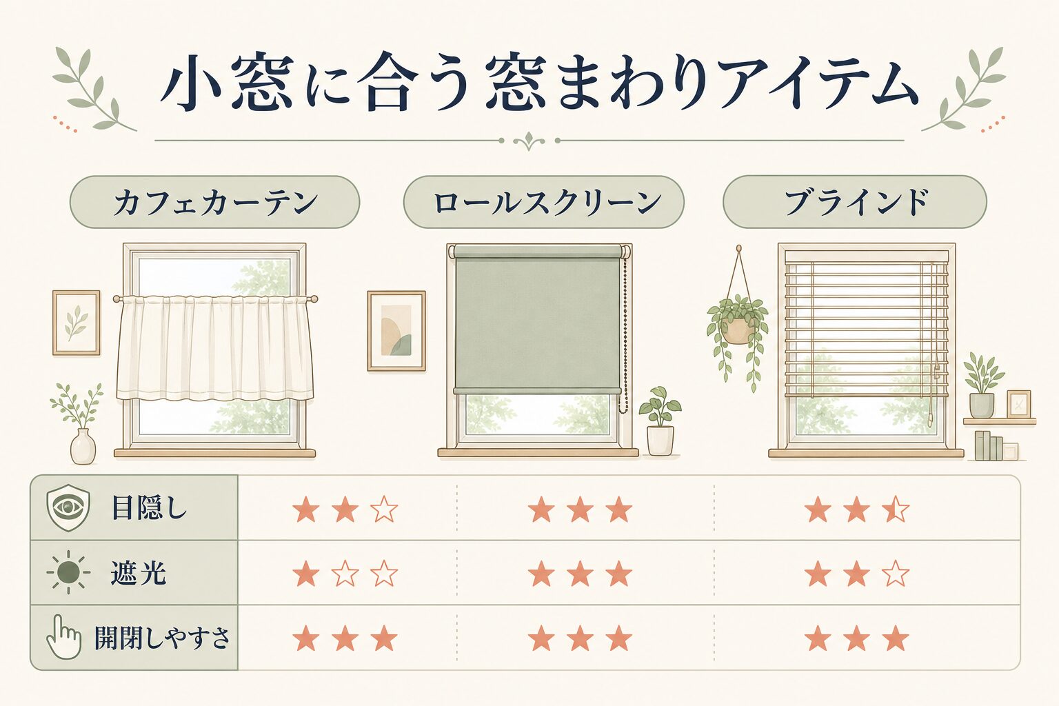 小窓に使えるカフェカーテン・ロールスクリーン・ブラインドの比較図