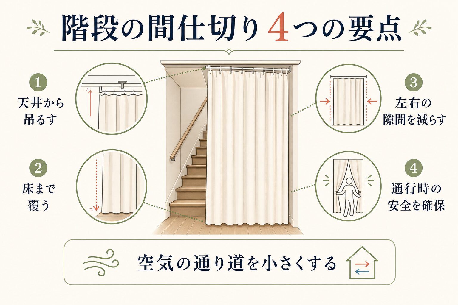 階段の間仕切りカーテンを効果的に設置する4つの要点を示す図解