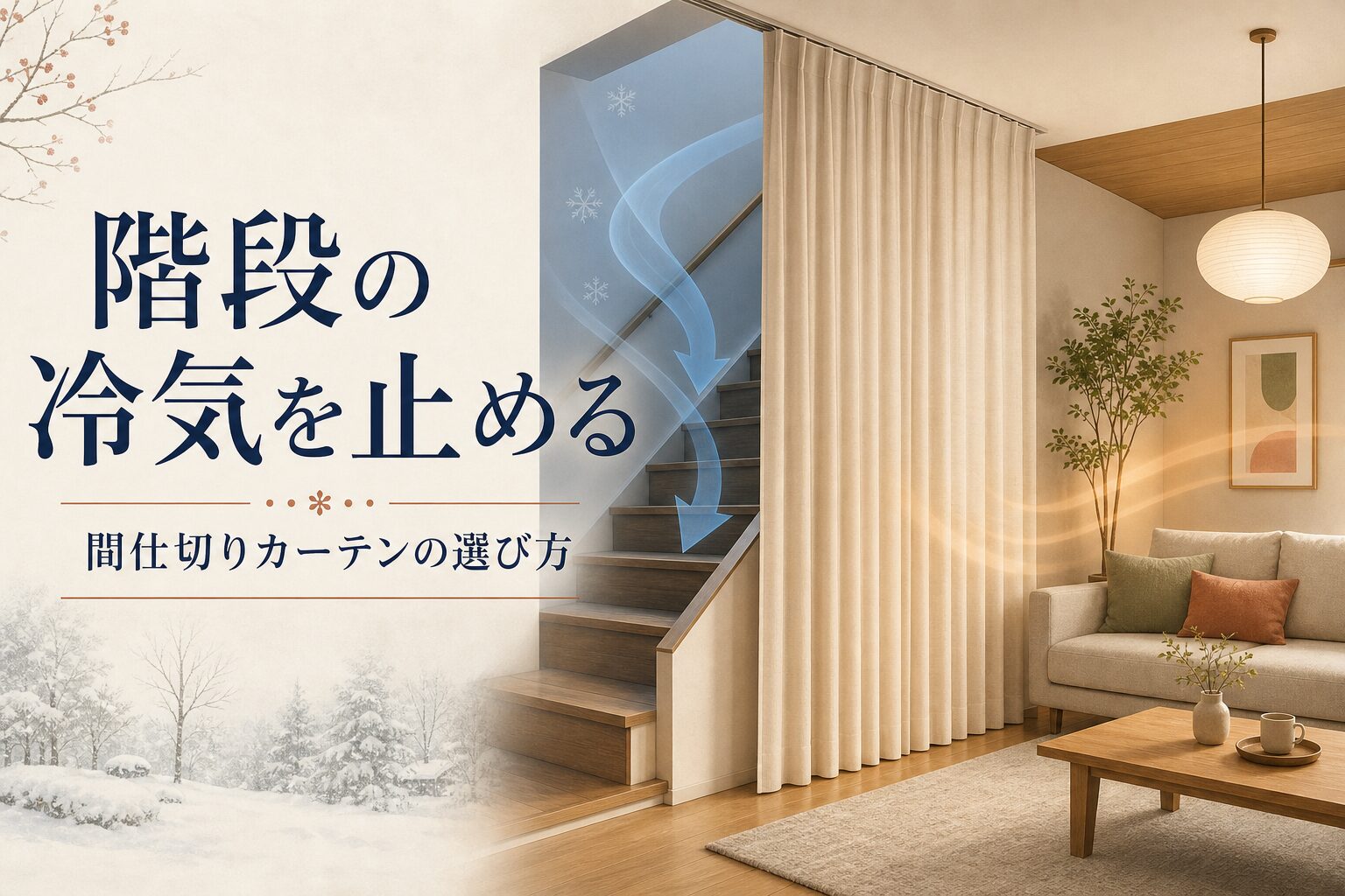 階段から降りる冷気を間仕切りカーテンで遮るリビングのイメージ