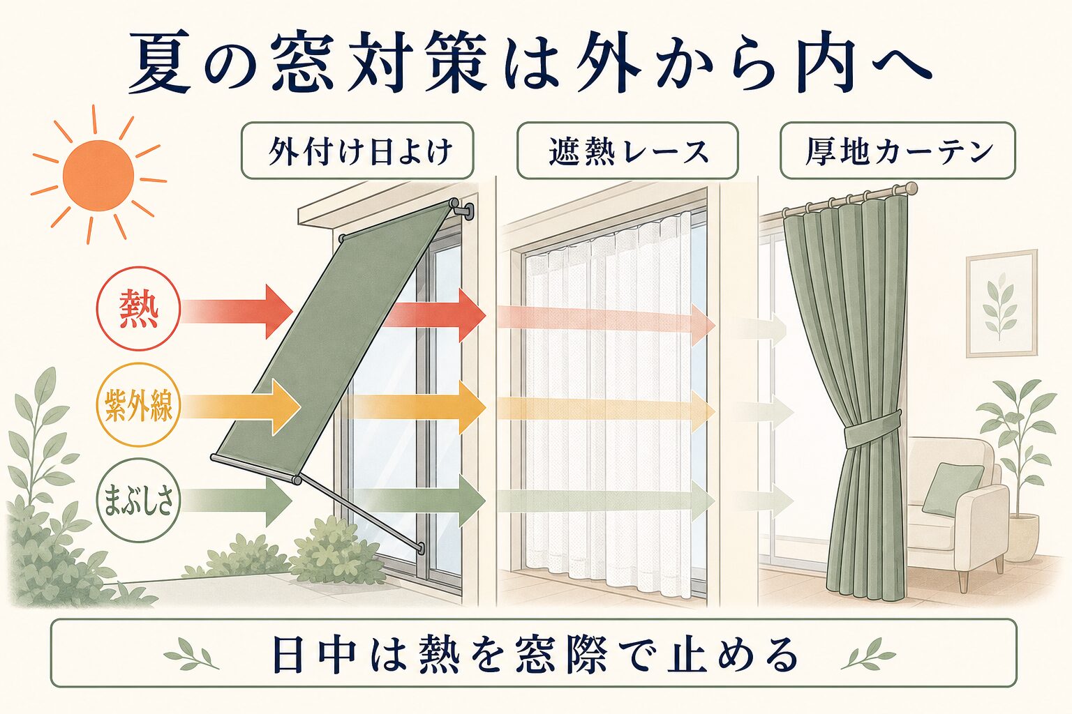 夏の窓対策を外付け日よけ・遮熱レース・厚地カーテンで行う図解