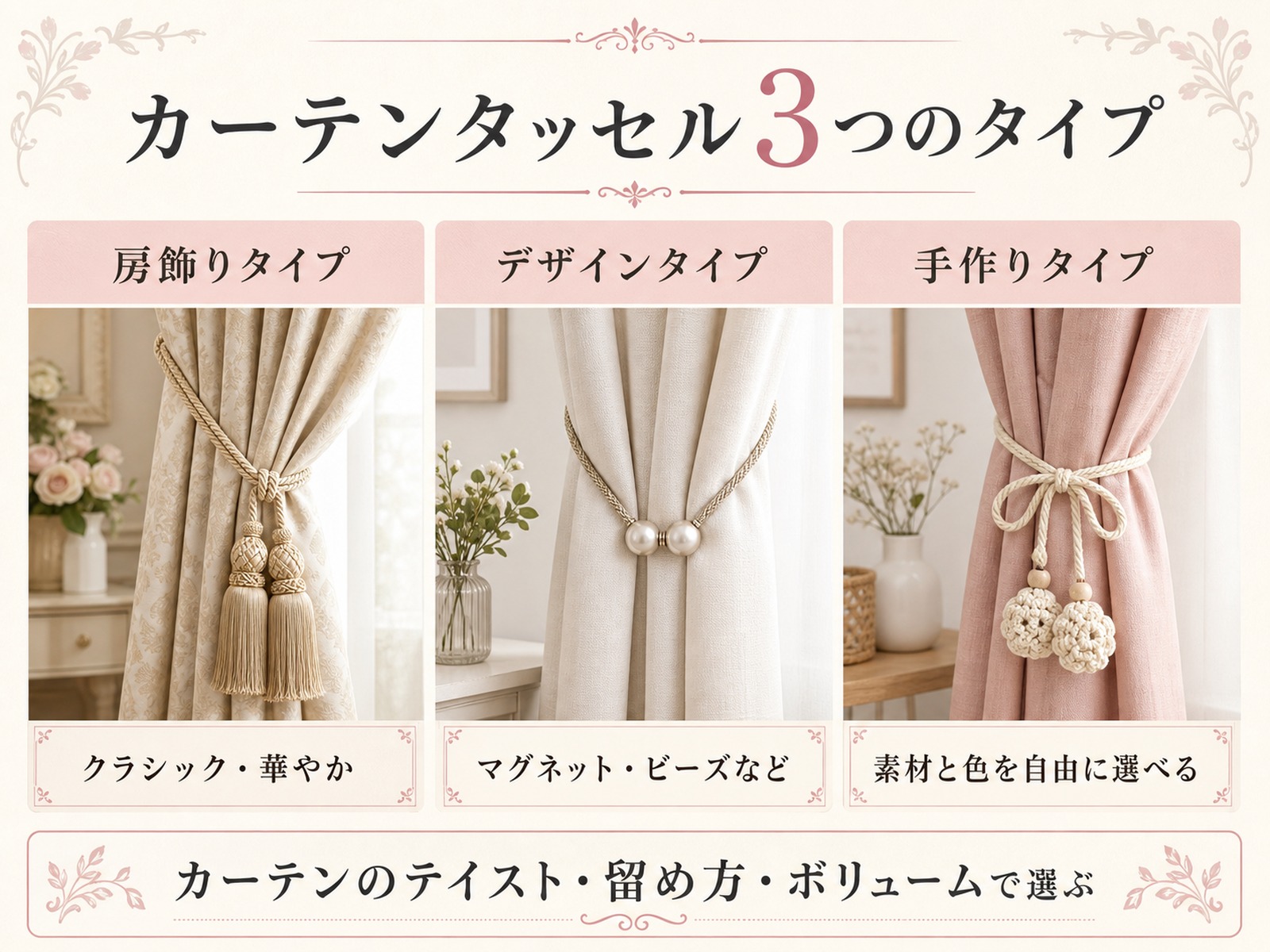 房飾り・デザイン・手作りのカーテンタッセル3タイプを比較した図解