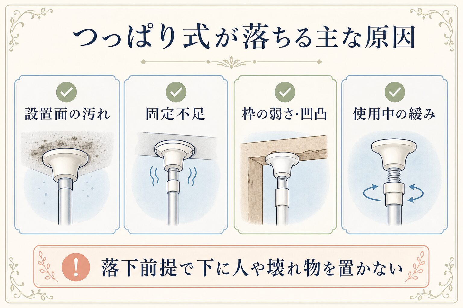つっぱり式ロールスクリーンが落ちる主な原因の図解