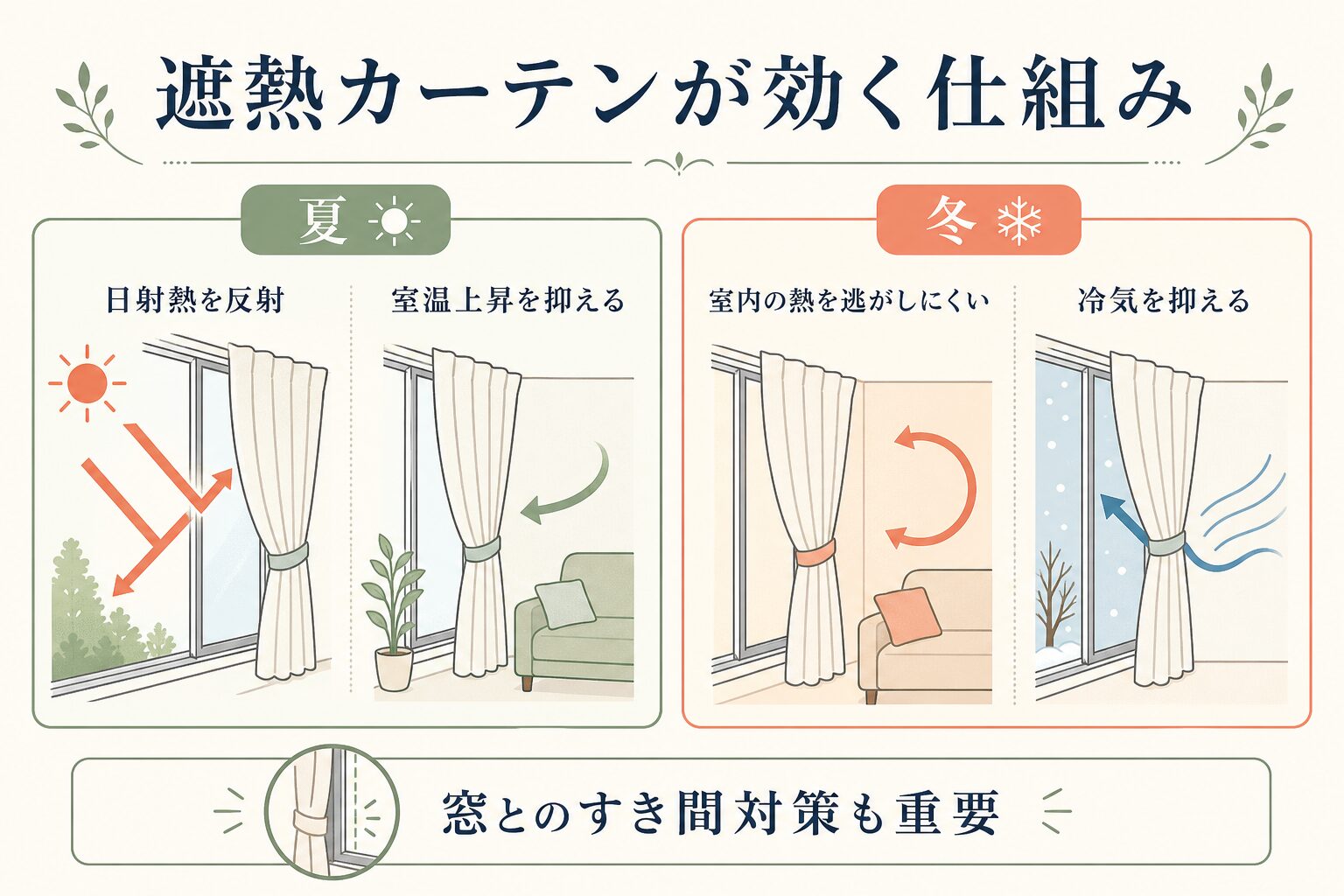 遮熱カーテンが夏と冬に働く仕組みの図解