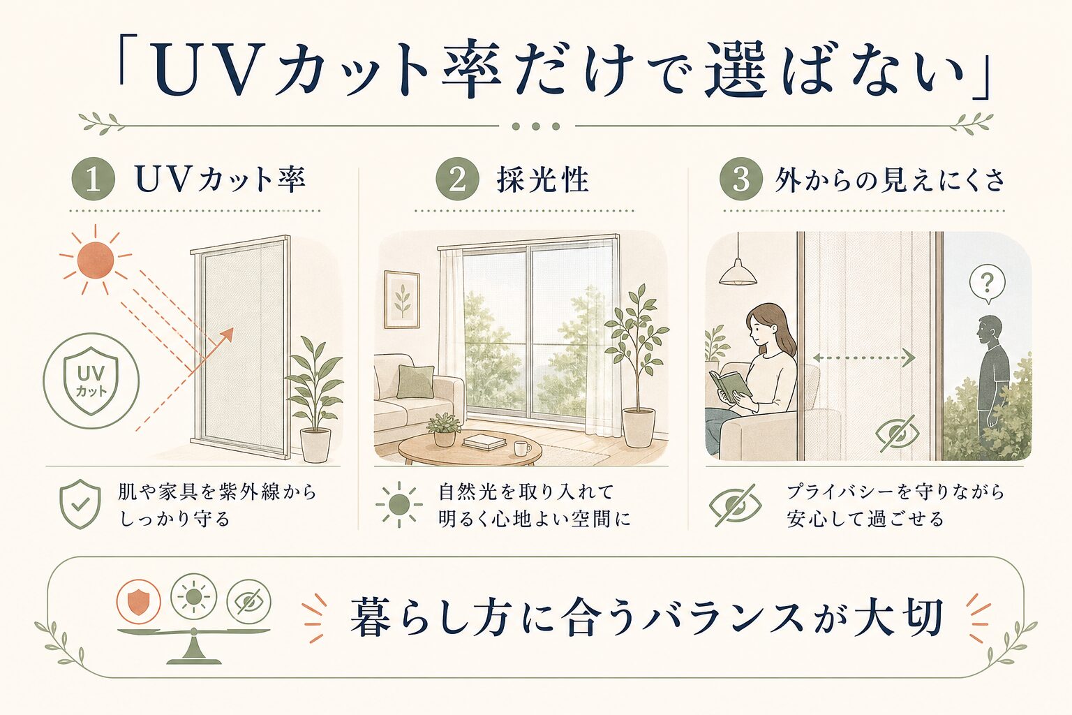UVカットレースカーテンを3つの性能で選ぶ図解