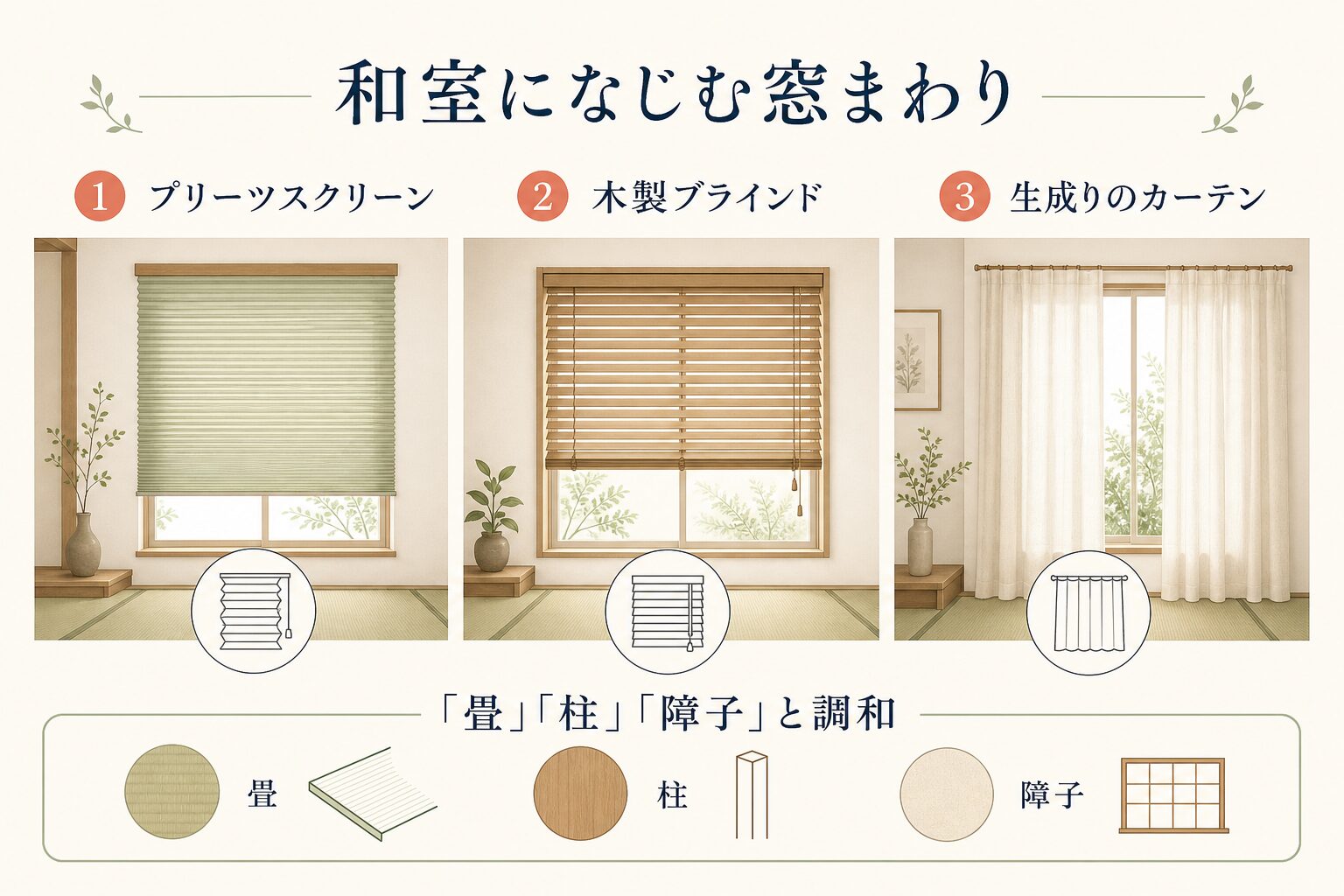 和室に合うプリーツスクリーン・木製ブラインド・生成りカーテンの比較図