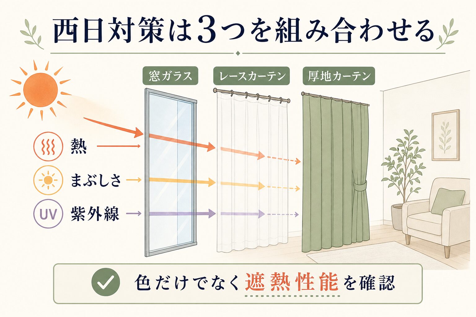 西日対策を窓ガラス・レース・厚地カーテンで行う図解