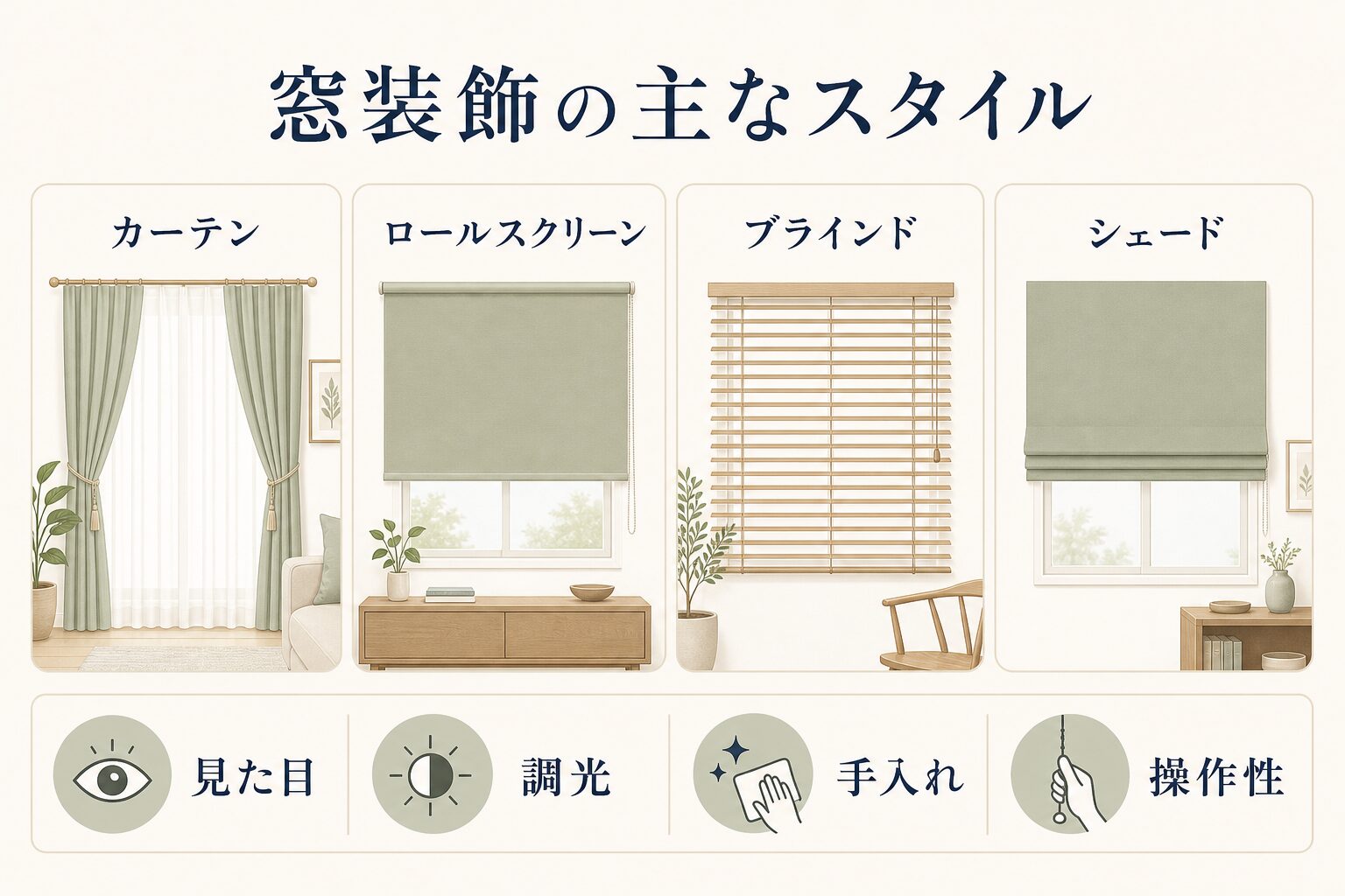 カーテン・ロールスクリーン・ブラインド・シェードの比較図