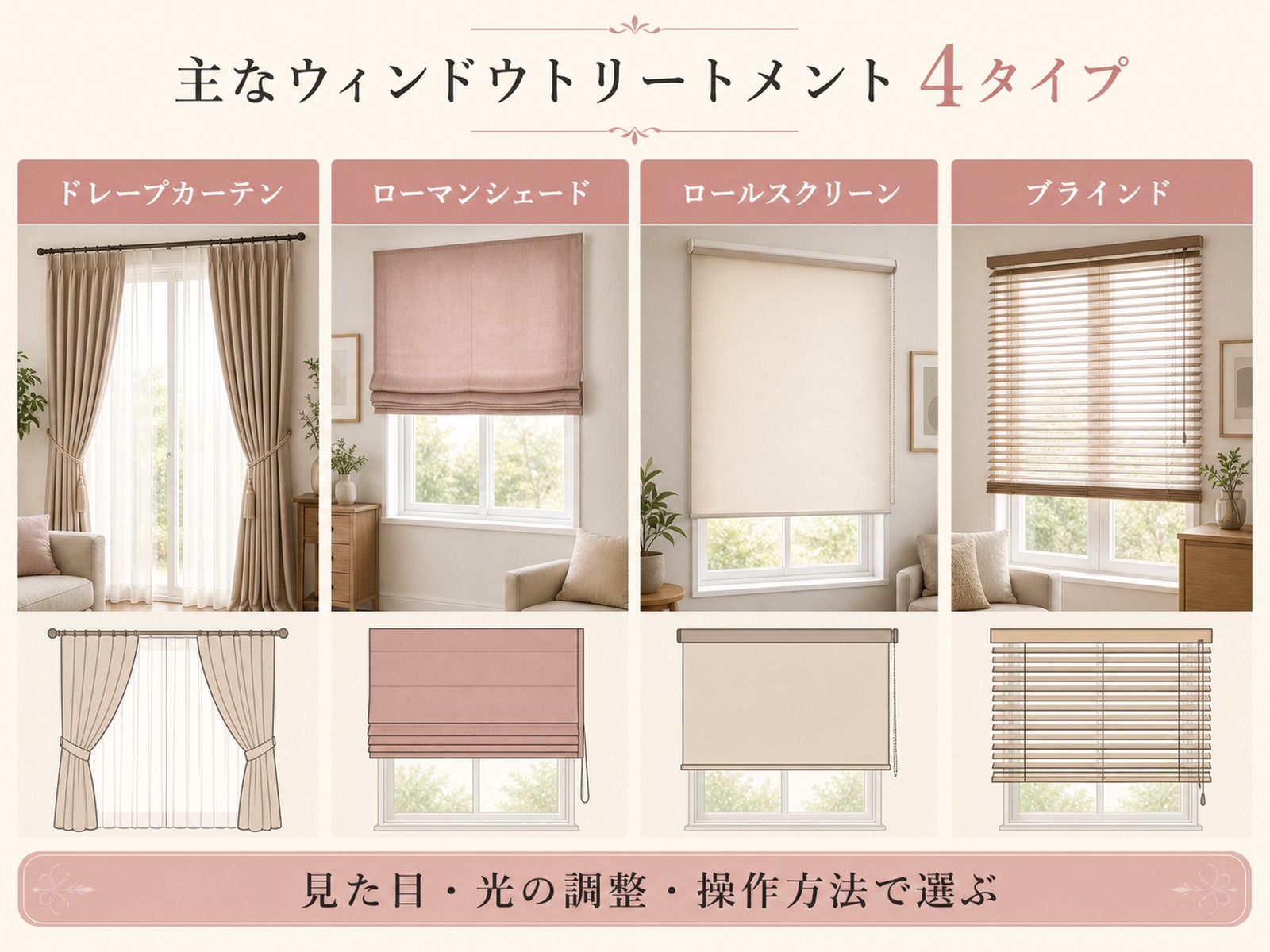 主なウィンドウトリートメント4タイプを比較した図解