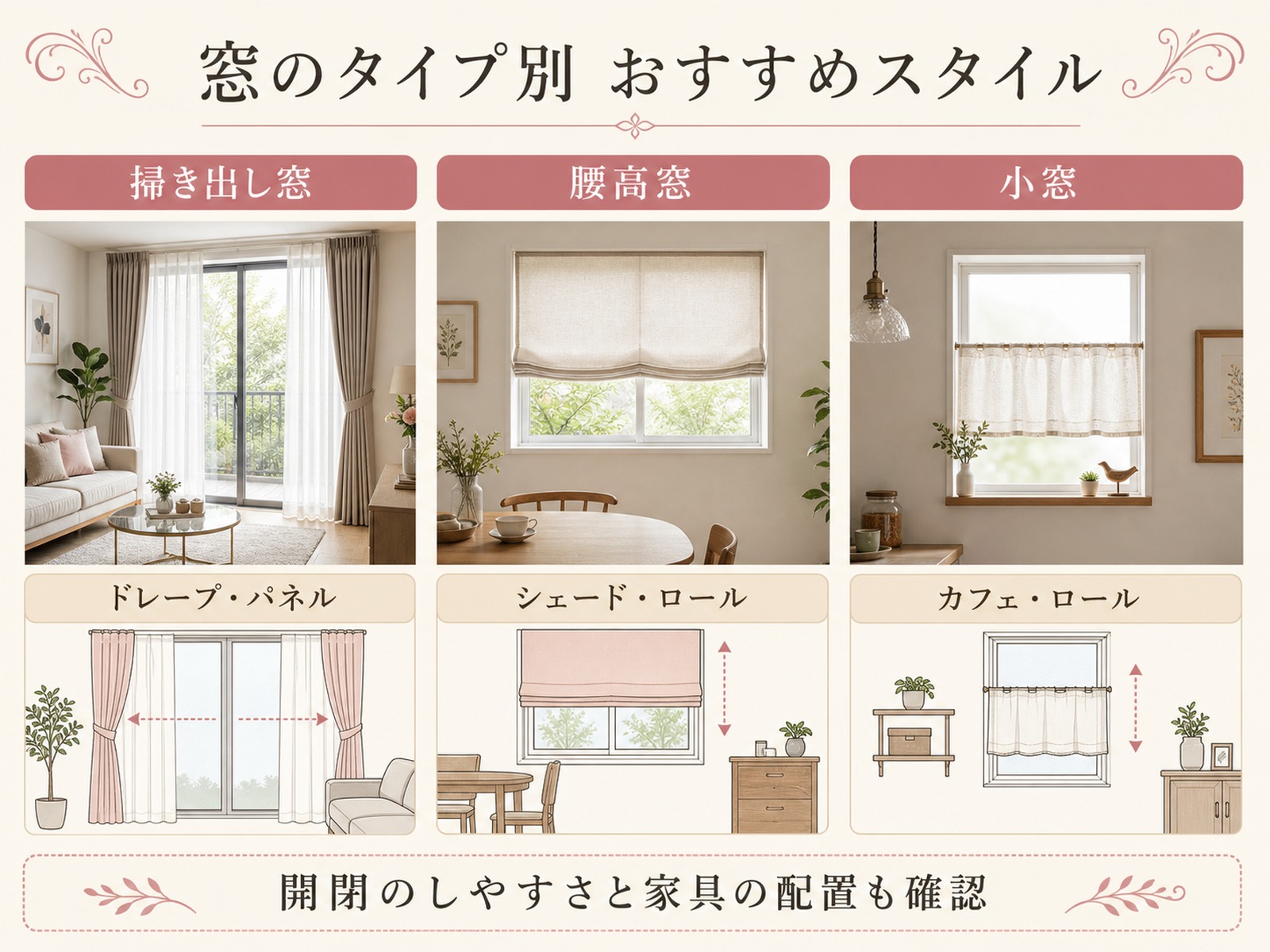 窓のタイプ別におすすめのカーテンスタイルを示した図解