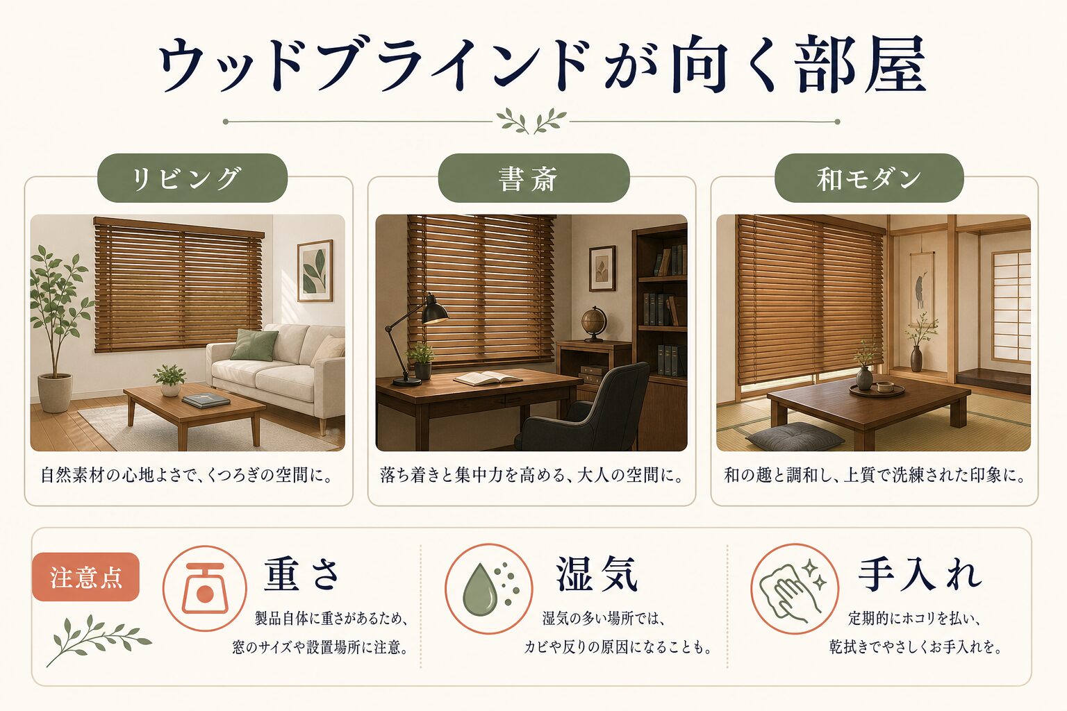 ウッドブラインドが向くリビング・書斎・和モダン空間の図解