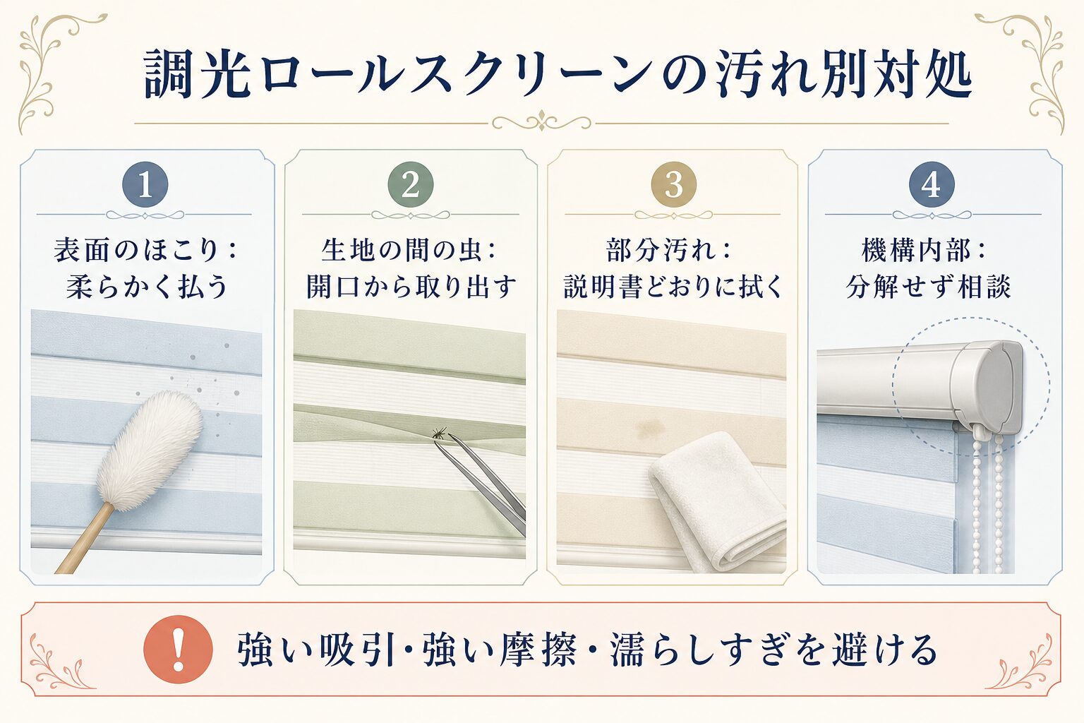 調光ロールスクリーンの汚れ別対処方法の図解