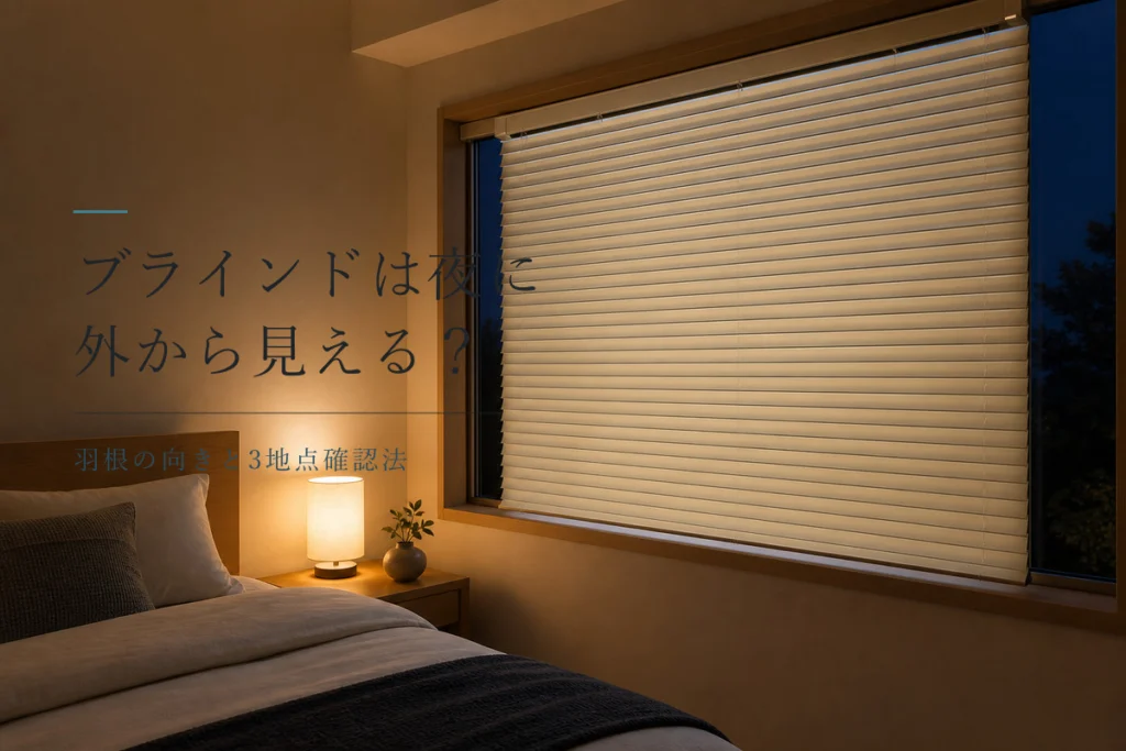 夜の寝室で横型ブラインドを閉じて外からの視線を遮る窓