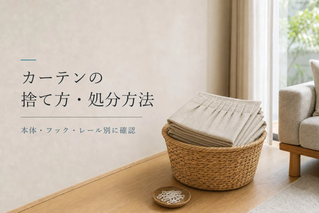 処分前にプリーツカーテンとフックを分けて整理した室内