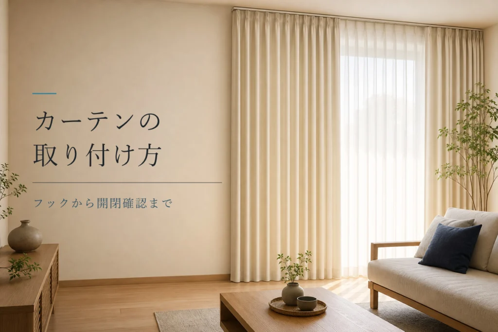正しく取り付けたアイボリーのカーテンがあるリビング