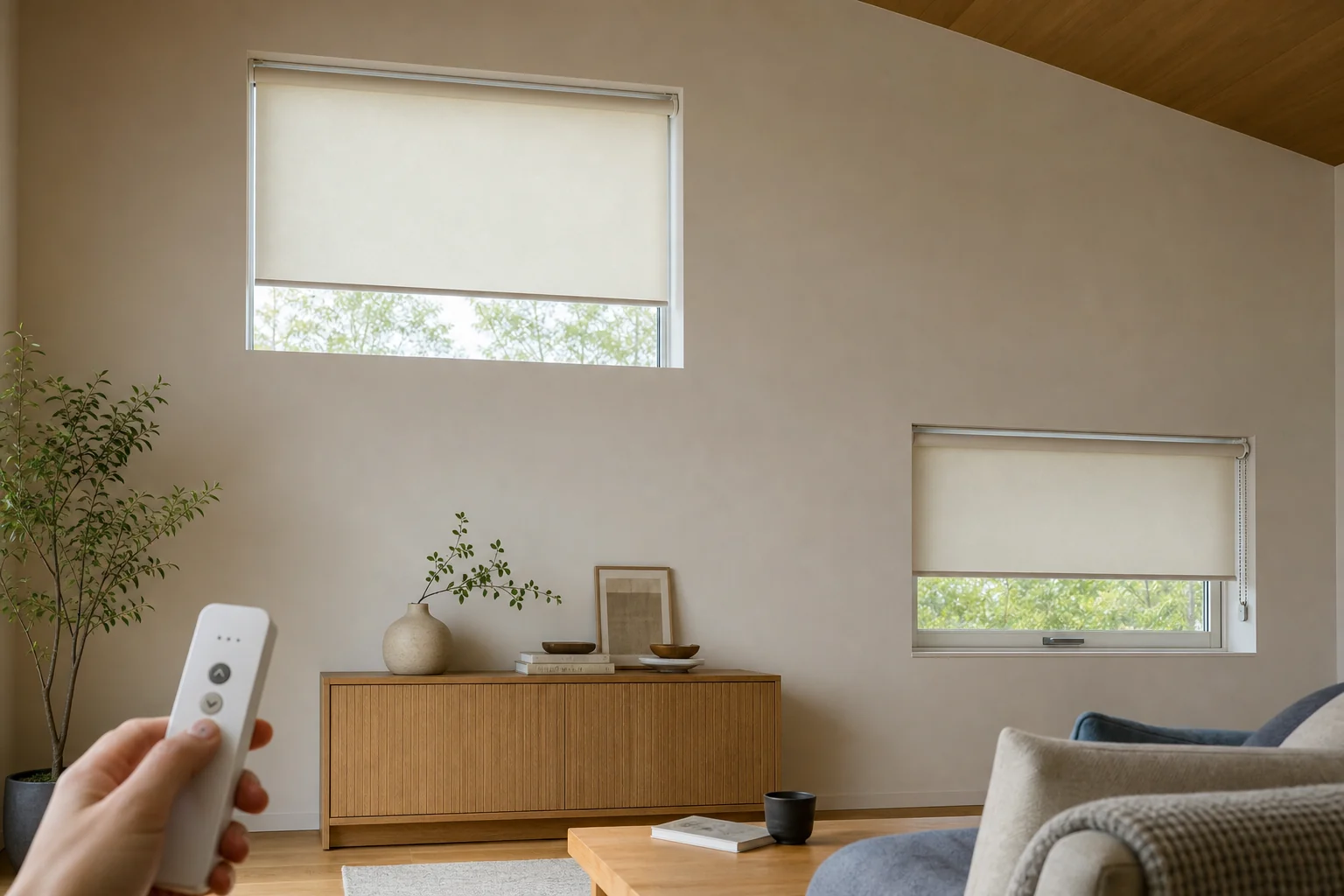 高窓の電動ロールスクリーンと手の届く腰高窓の手動式を同じ部屋で比較