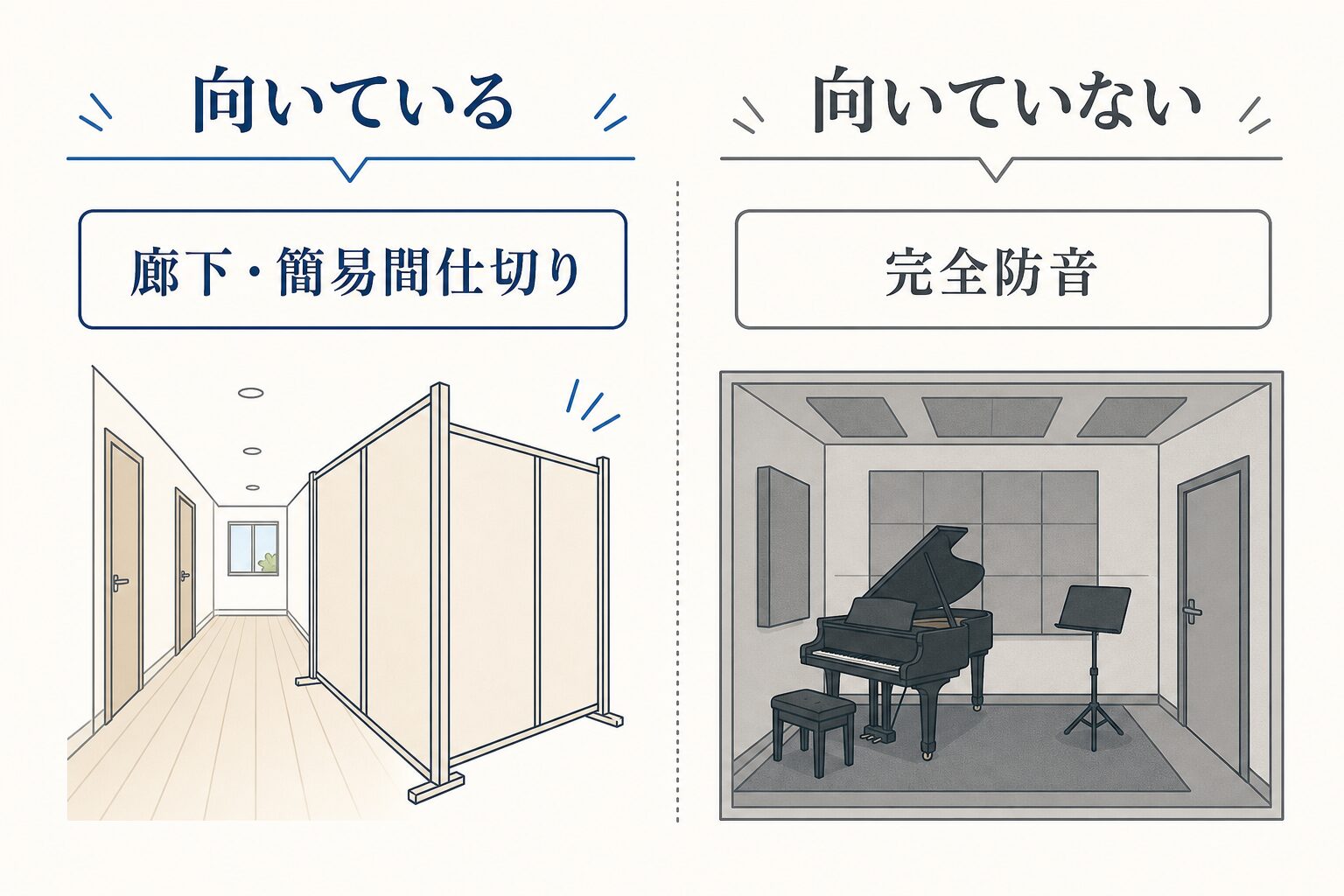 廊下や簡易間仕切りと完全防音が必要な場所の比較