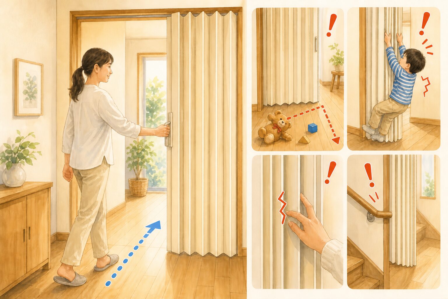 取っ手を持った安全な開閉と障害物・ぶら下がり・指挟み・手すり干渉を示す図解